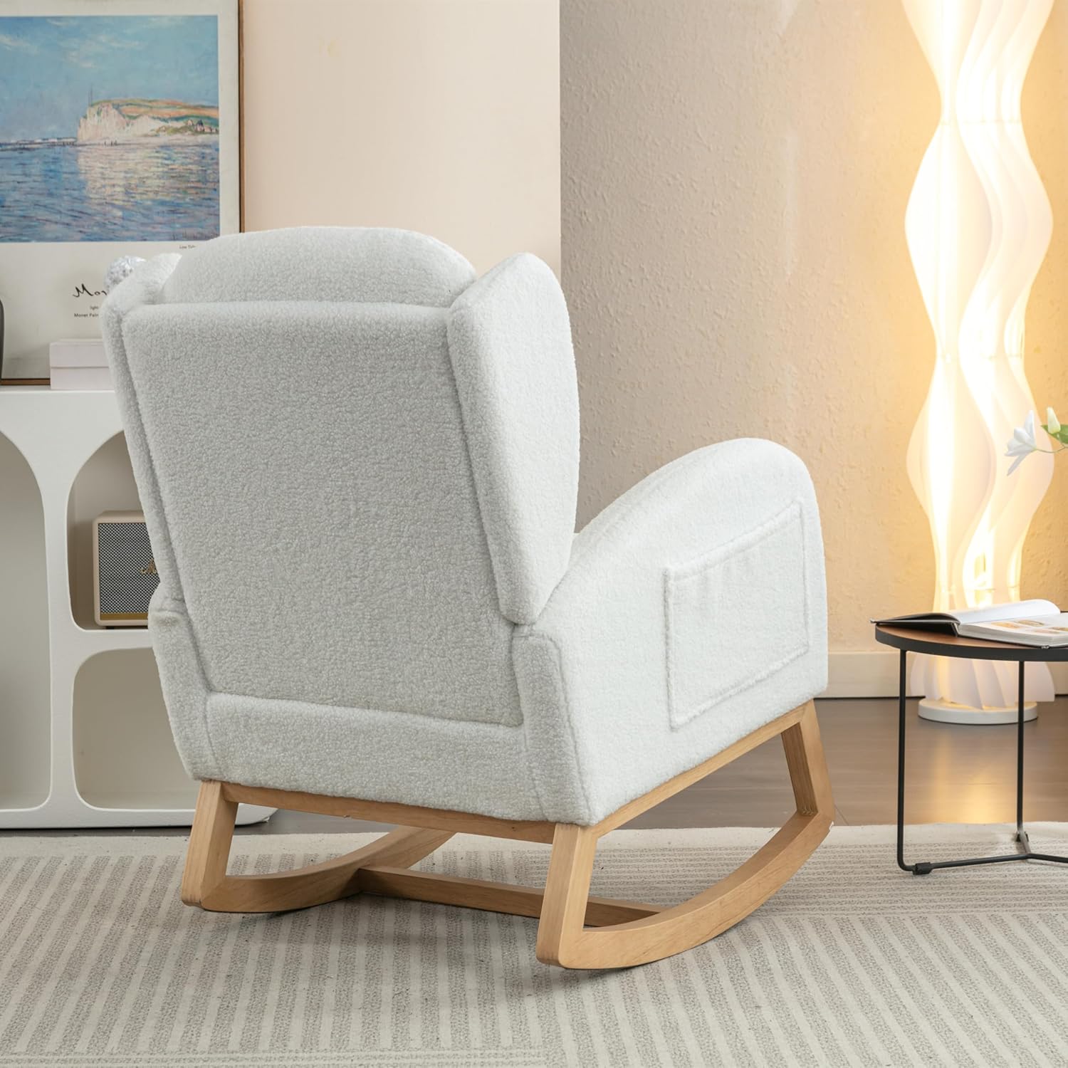 Setawix Teddy Rocking Glider Chair for Nursery,Upholstered Living Room Rocker Arm Chair,Leisure Sherpa Wingback Armchair,Mid Century Modern Rocking Accent Chair with Side Pockets (Wingback Ivory)
