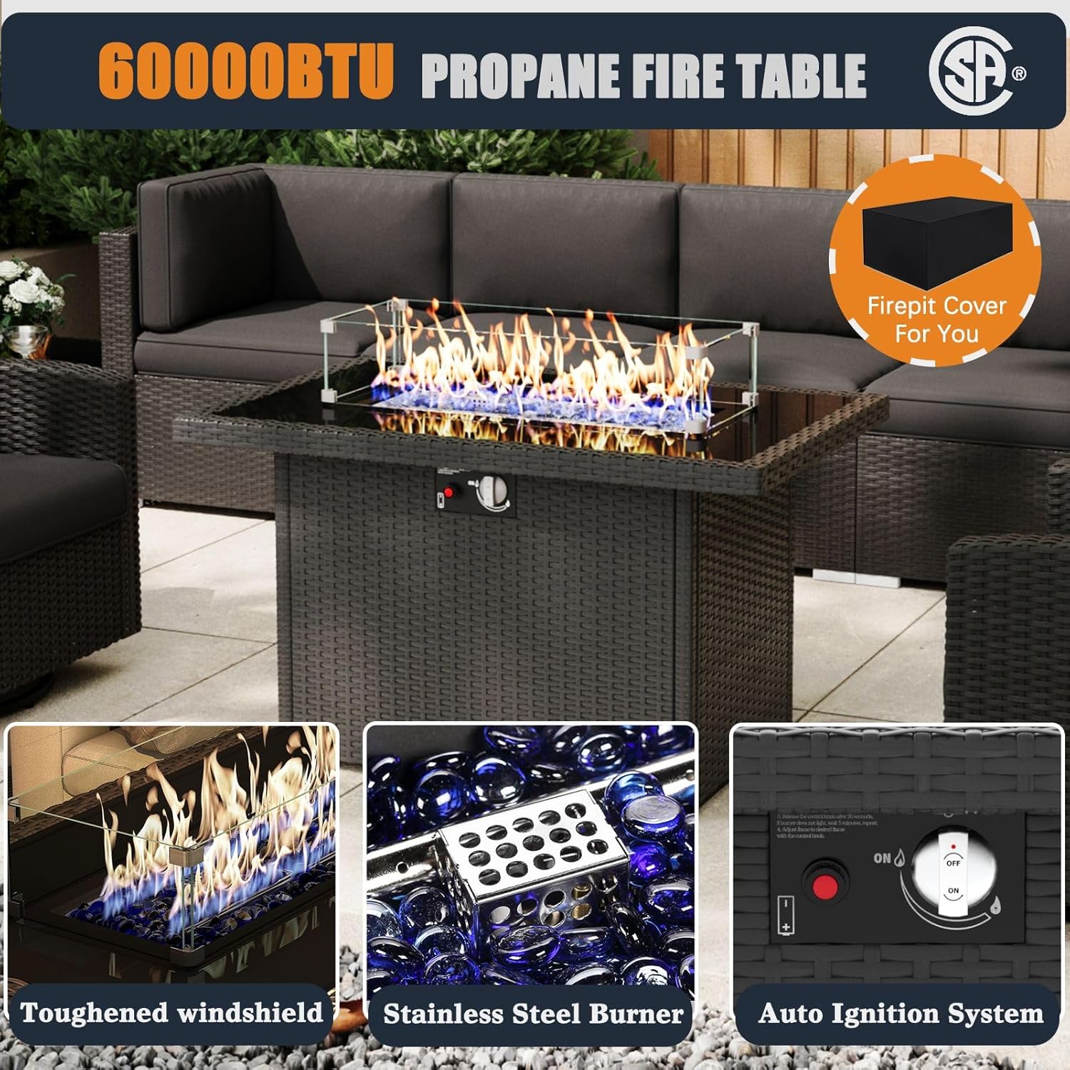 Patio Furniture Set with Fire Pit Table, 9 Pieces Outdoor All-Weather Wicker Conversation Sectional Chair Sofa Set with 2 Swivel Chairs