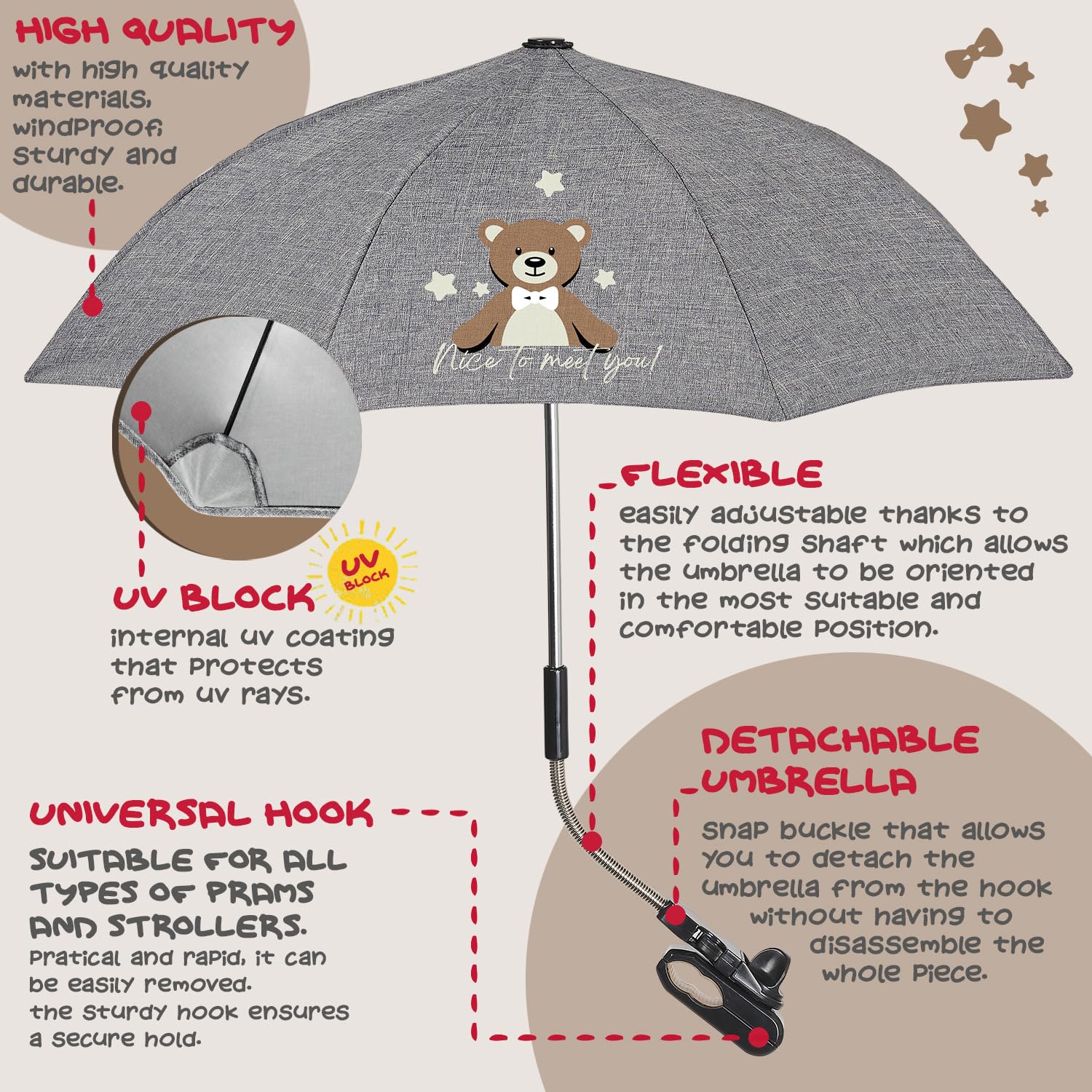 PERLETTI Sombrilla Carro Bebe Universal Anti UV con Osito - Mini Paraguas Cochecito Niño Niña Protección Solar Apertura Manual - Sombrilla Lluvia para Carrito Silla de Paseo - Diámetro 68 cm (Osito)