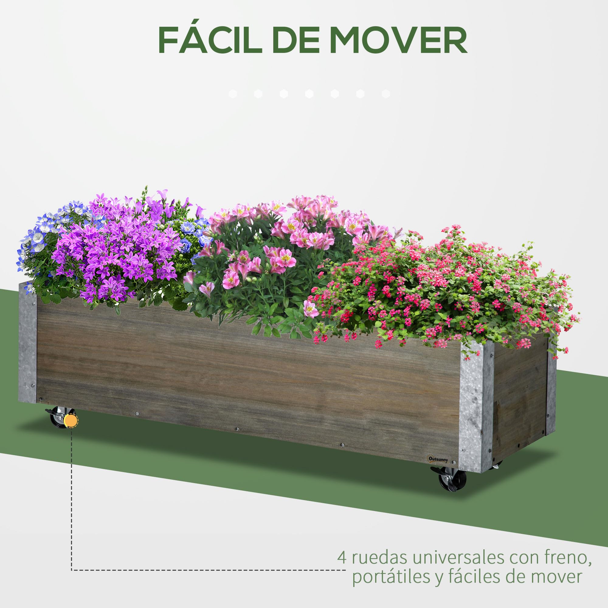 Outsunny Jardinera Exterior Grande con Ruedas Jardinera de Madera con Tela no Tejida Jardinera y Sistema de Drenaje para Cultivo Flores Plantas en Balcón Terraza 96x30,6x30 cm Gris Claro