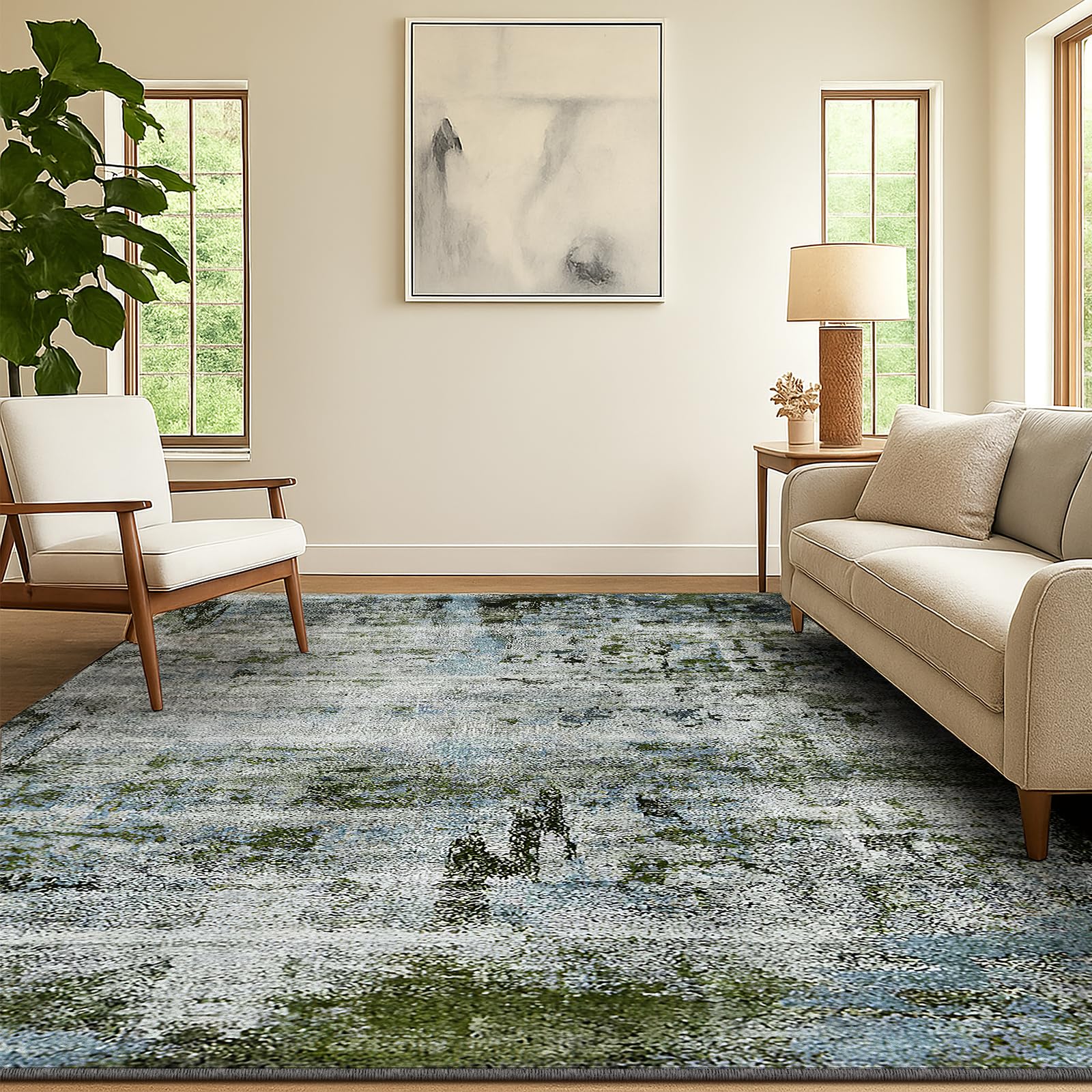 SOANNY Living Room Rug, 140x200 cm Modern Abstract Low Pile Area Carpet, Non-Slip Washable Mat for Bedroom, Hallway, Kitchen, Laundry, Entryway, Utility, Beside Sofa, Office, Moss Green