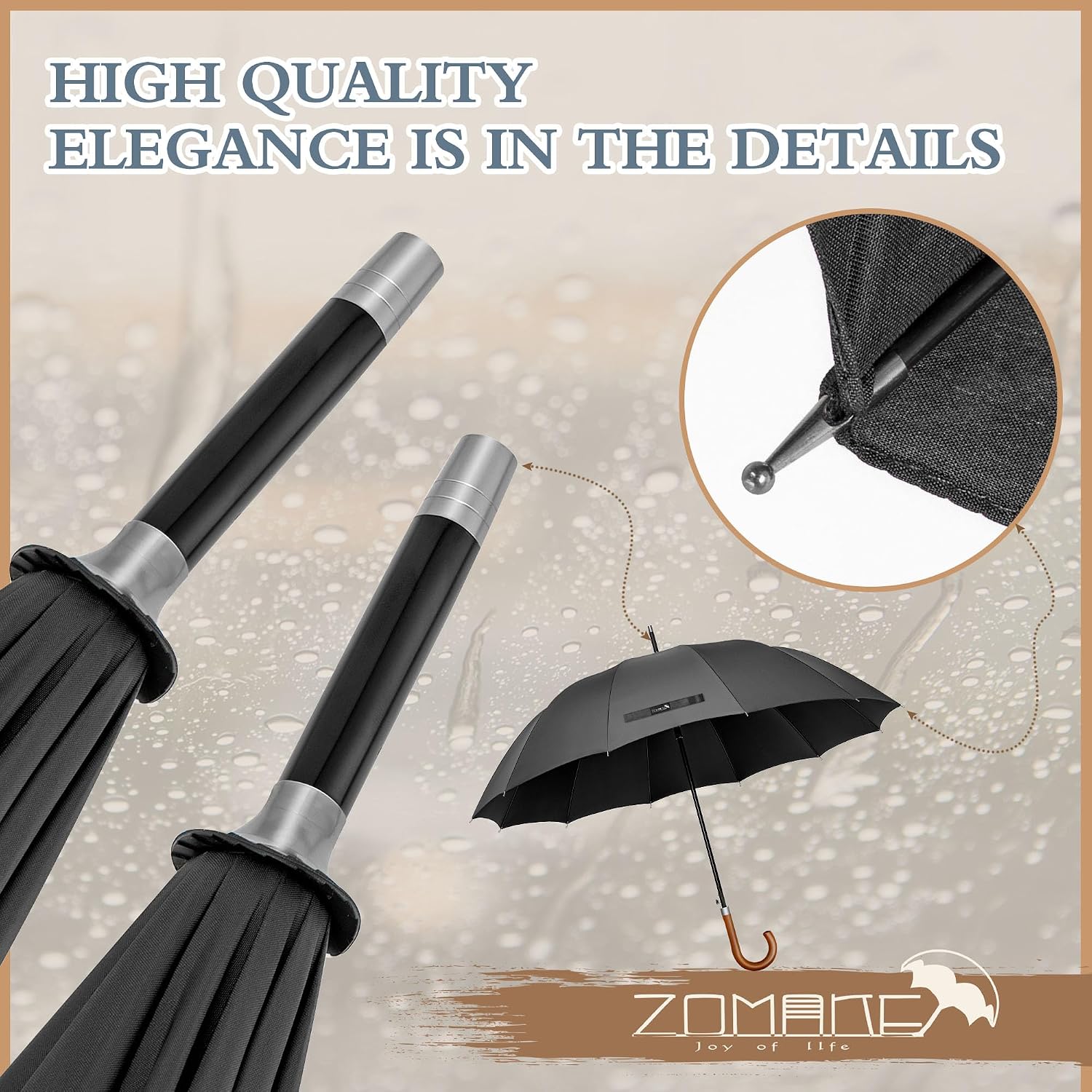 ZOMAKE Large Stick Umbrella With Wood Hook Handle 55 Inch, Automatic Open Classic Golf Umbrellas Windproof 12 Ribs With J Hook for Men Women