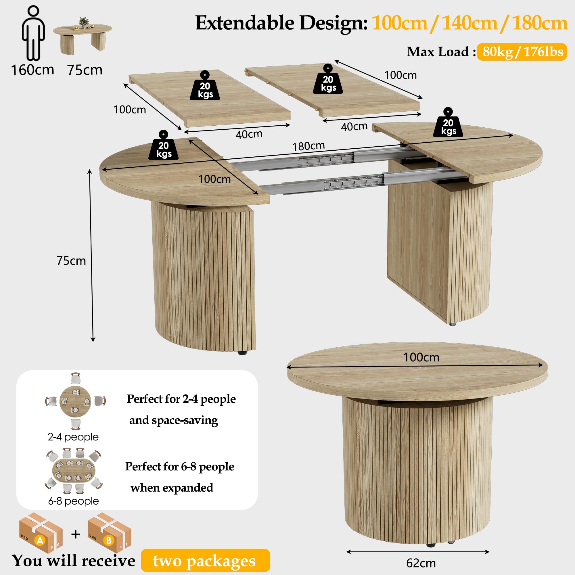 MSFE Mesa Comedor Extensible Mesa Redonda para 4-8 Personas Moderna Mesa de Cocina Ovalada Mesa Extensible Cocina Madera para la Sala de Estar y el Comedor, Sala de reuniones Ø100-180x100x75CM