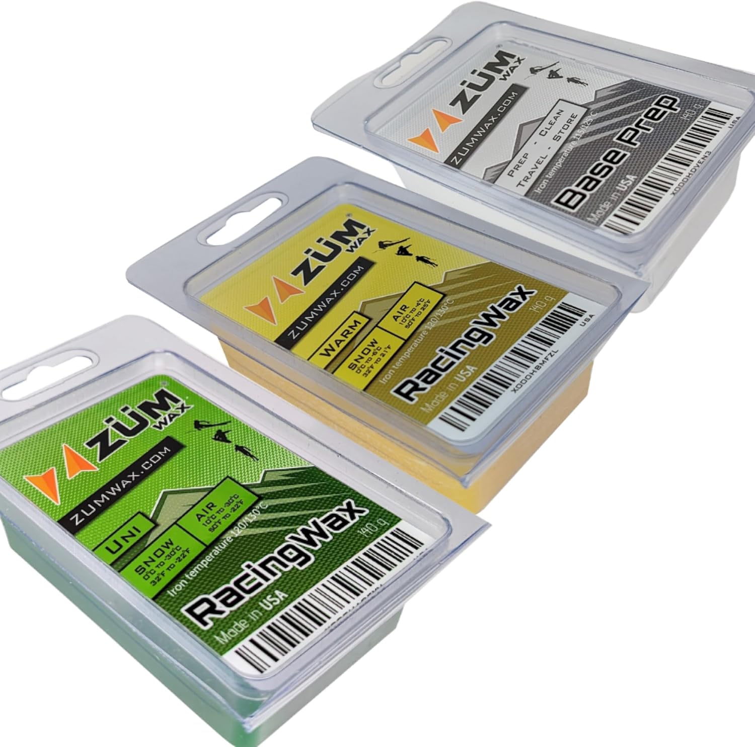 ZUMWax Iron-On Wax Set - Base Prep, Universal and Warm Temp, 140g, PFAS-Free, USA-Made for All Snow Conditions