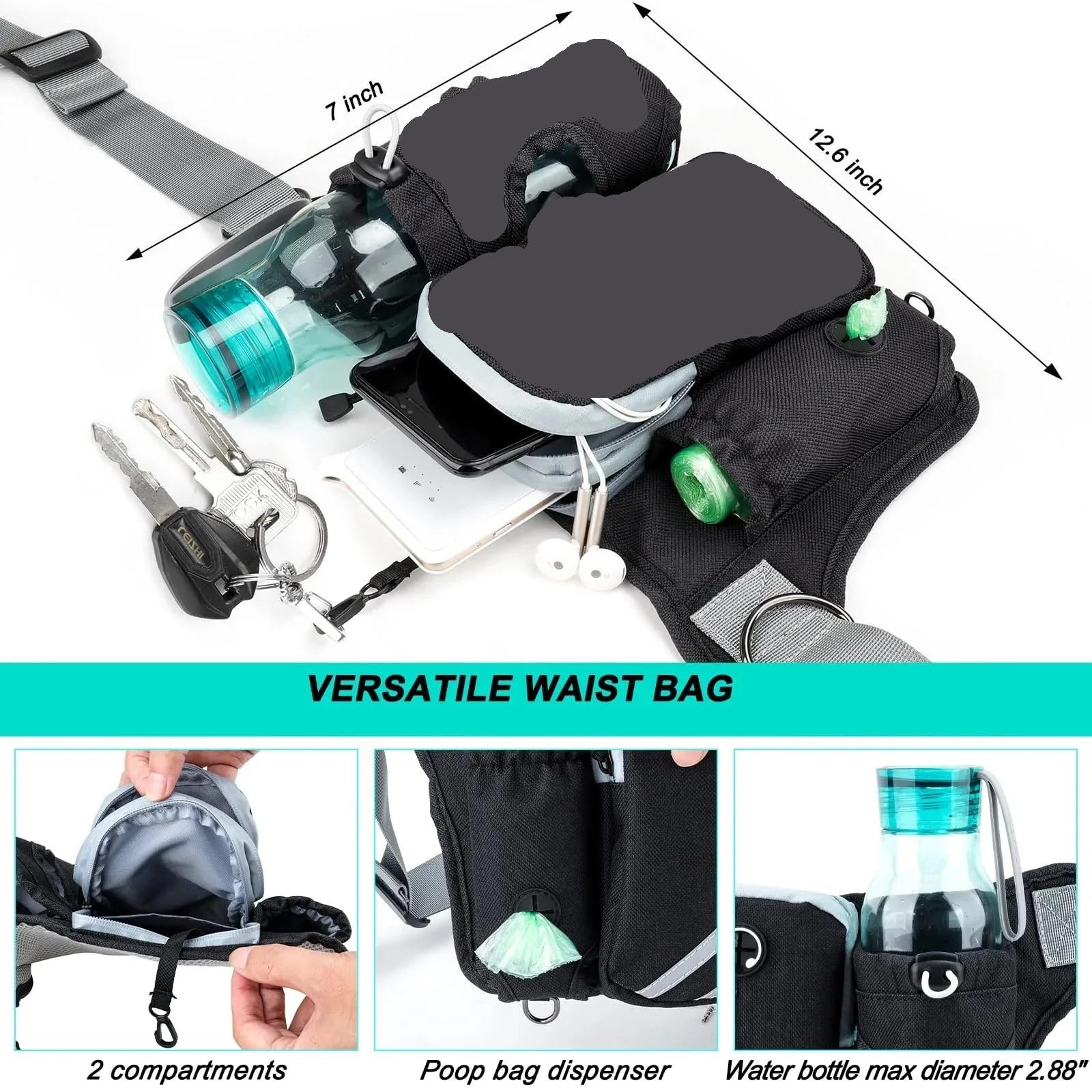 Laisse Main Libre Chien Laisse rétractable Mains Libres for Chien avec Ceinture réglable for 1/2 Chien for la Course, la Marche, la randonnée(Black for 2 Dog)
