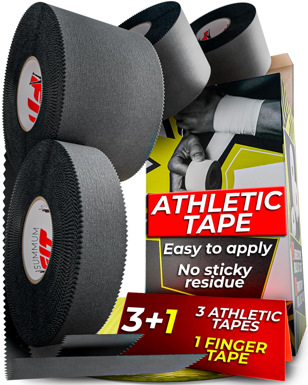 Summum Fit Black Athletic Tape Super Strong: 3 Rolls + One Finger Roll. Easy to Apply & No Residue Sports Tape for Athletic, Boxing, Football, Climbing, Gymnastics, Wrist Ankle & Hand Protection
