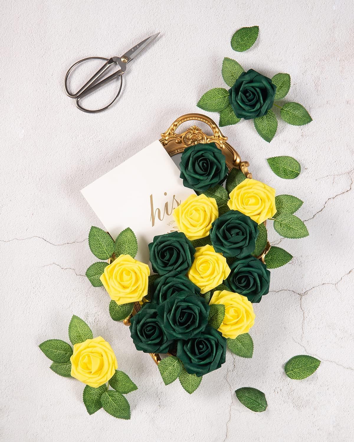 DuHouse 50Pcs Artificial Roses Flowers Fake Roses with Stems Real Touch Foam Flowers for DIY Wedding Bouquet Party Centerpiece Floral Arrangement Party Home Decor(Hunt Green)