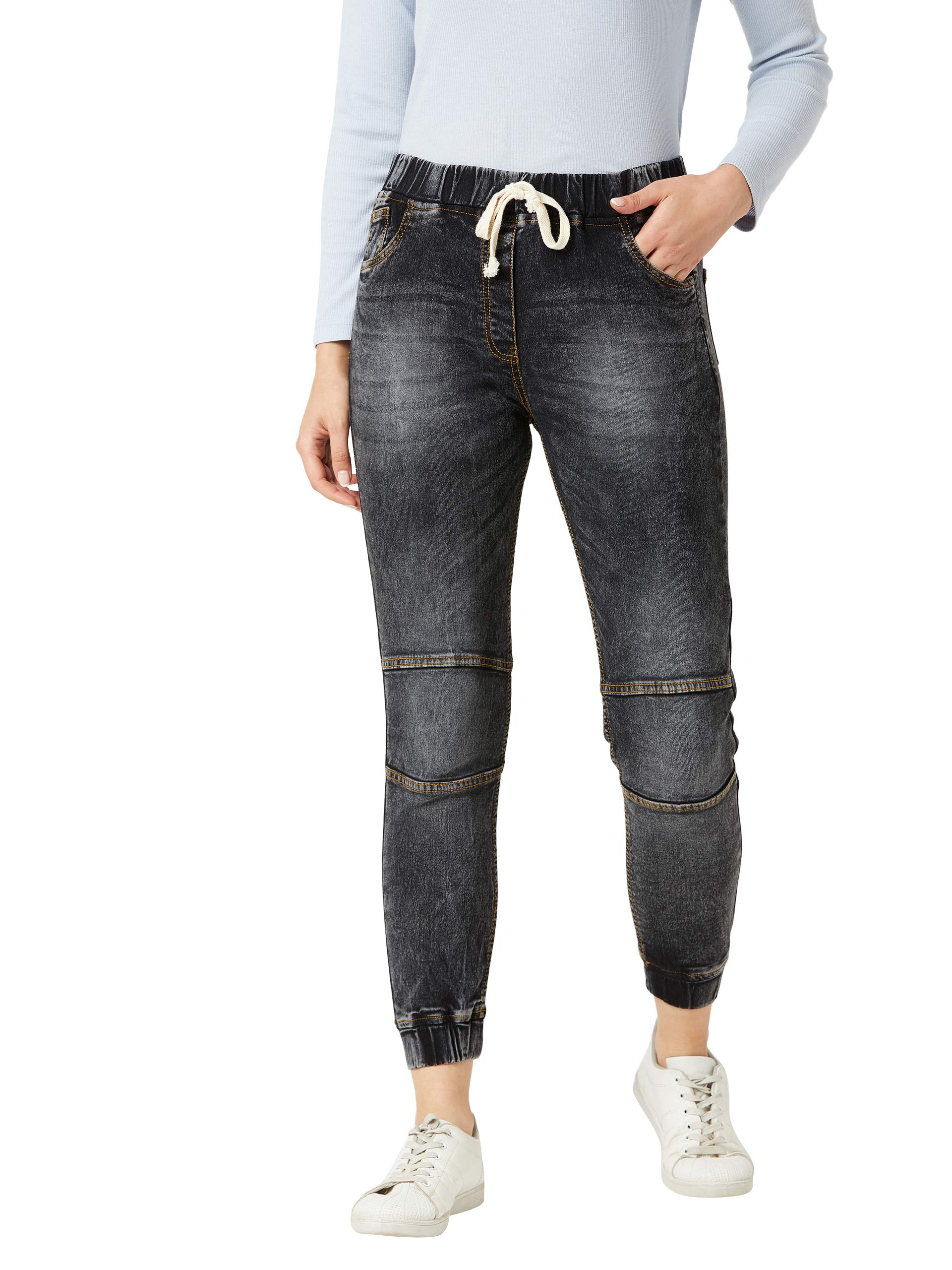 miss chase Women's Black Relaxed Fit Mid Rise Regular Length Stretchable Denim Joggers-picture-38