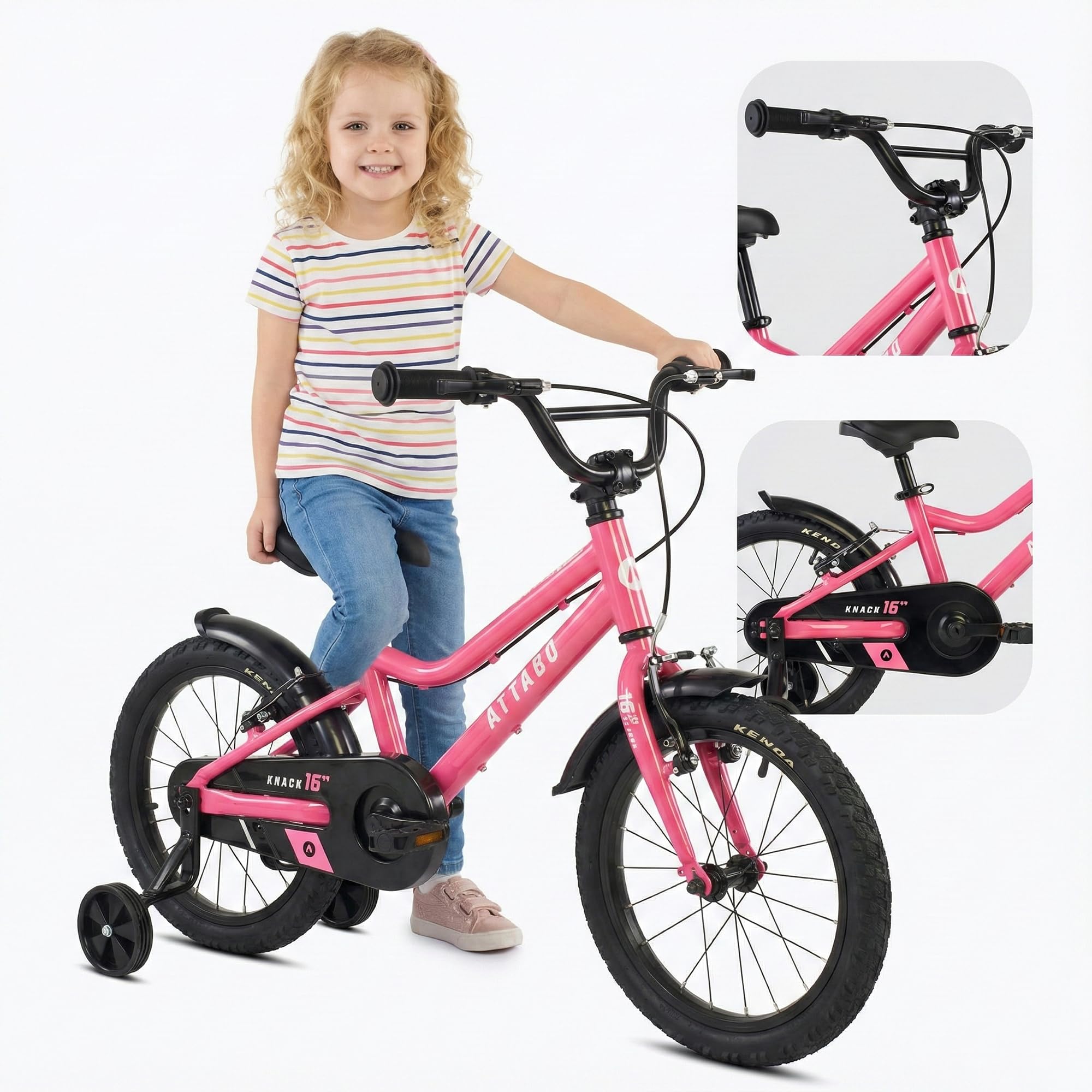 ATTABO Rower dziecięcy Knack 16 (5-7 lat) z lekką aluminiową ramą (9 kg), koła 16", do 110-120 cm, ergonomiczna kierownica, stabilna i lekka kierownica, idealny do nauki w