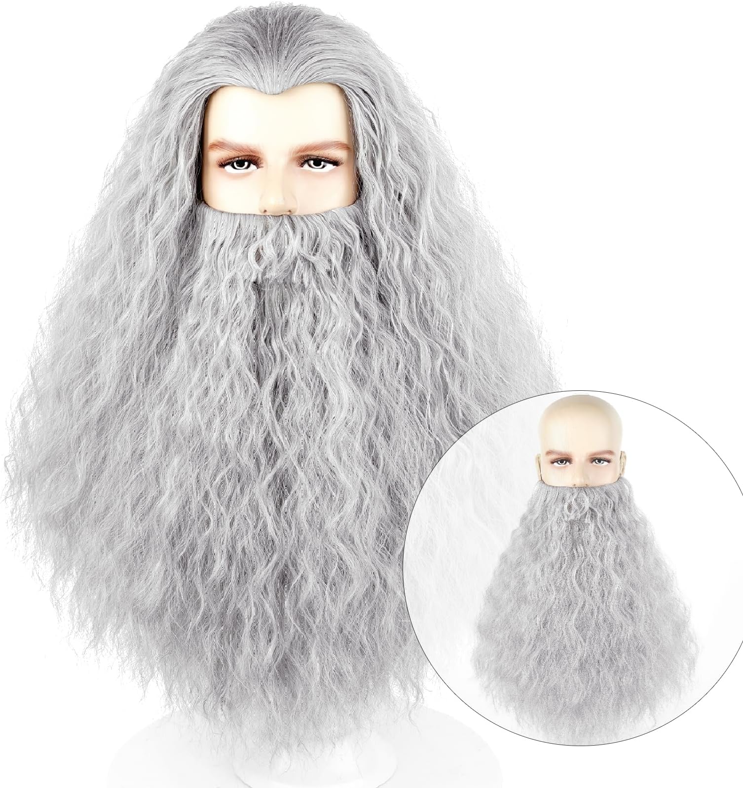 Wiggy Mermaid Long Gray Wizard Wig Santa Beard and Wig Set Old Man Costume Accessories Santa Claus Suit Grey for Men Women Carnival Christmas Party + Wig Cap