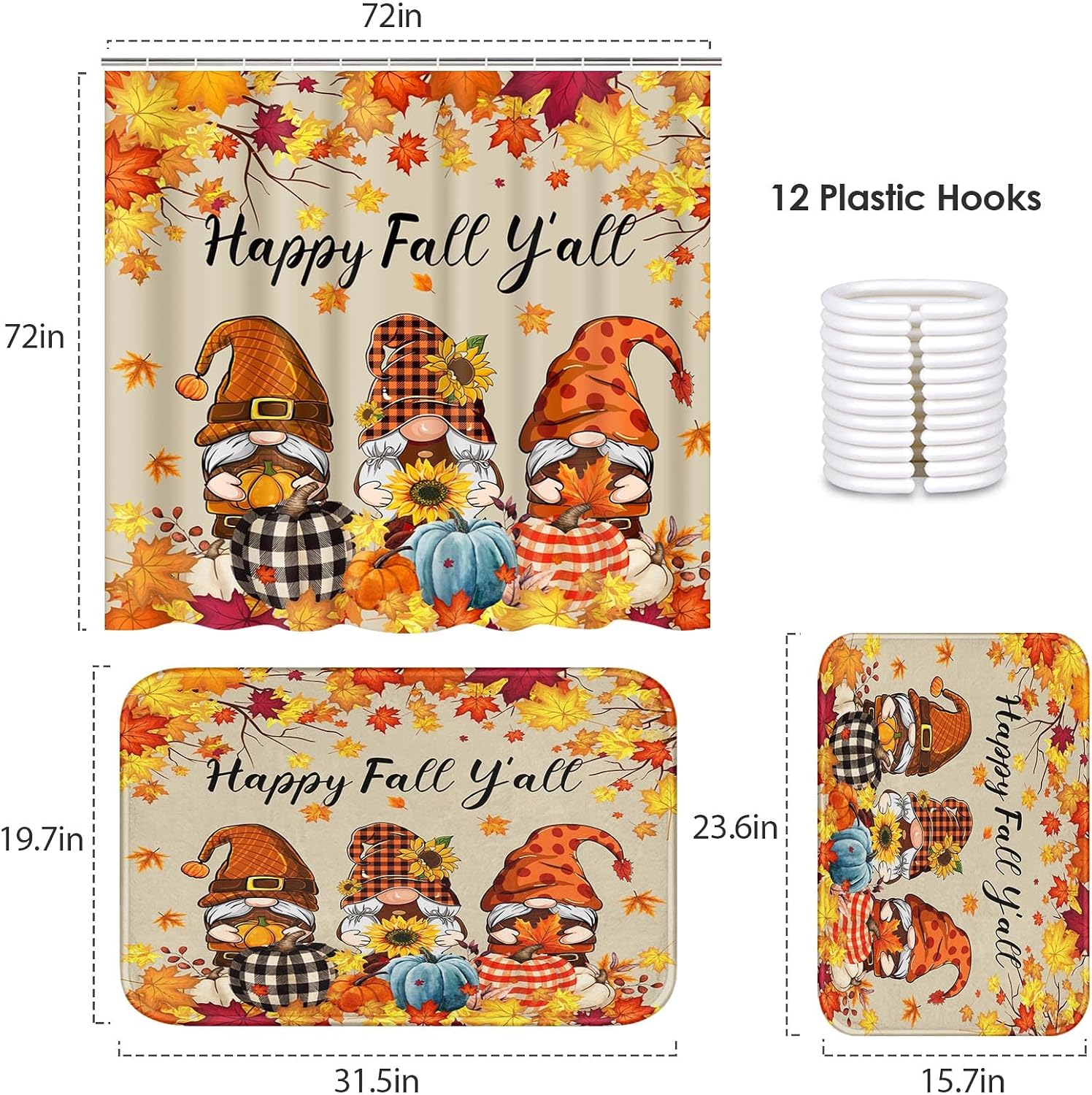 Arttown Bathroom Set, Fall Gnomes Shower Curtain and Bath Rugs