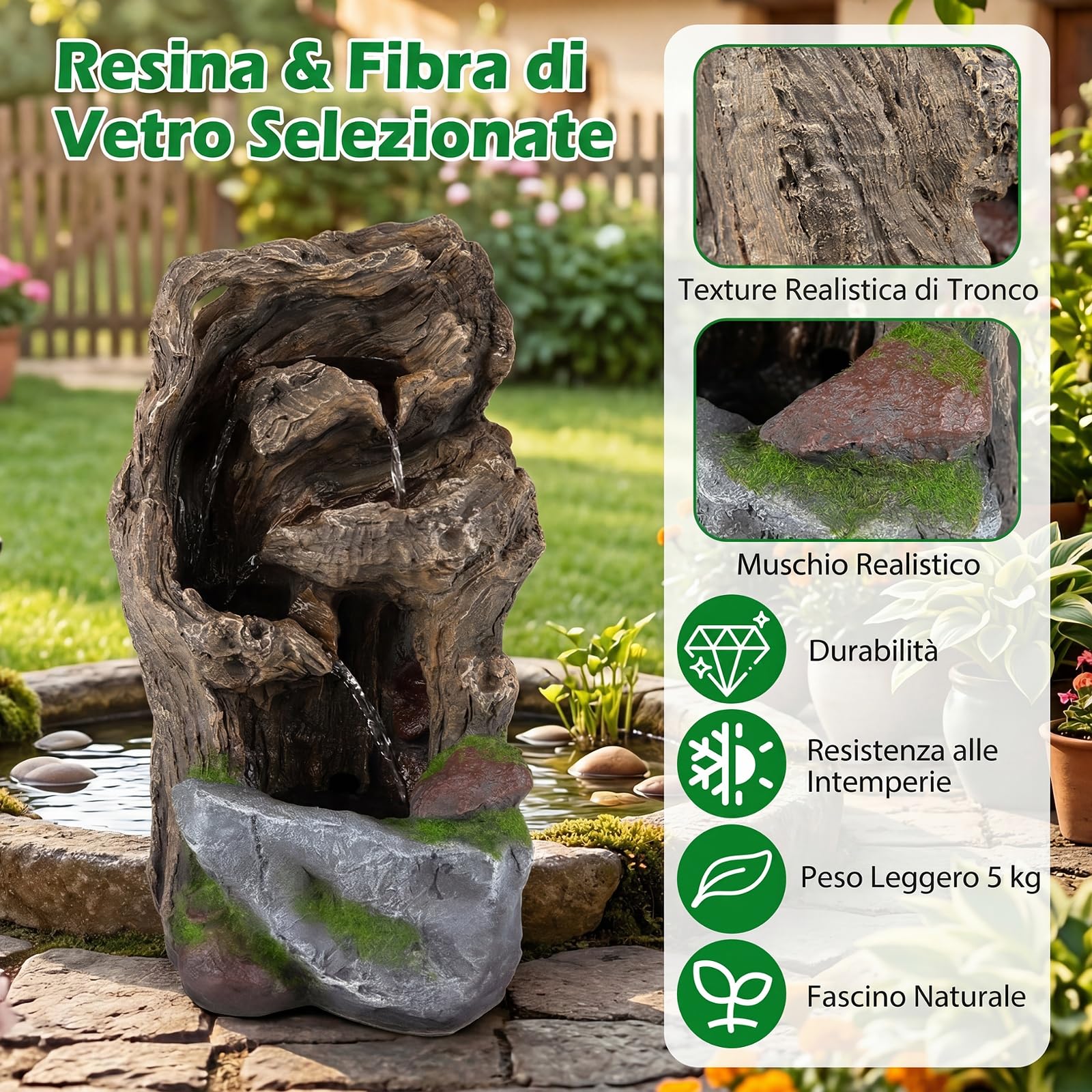 COSTWAY Fontana a Cascata, Fontana da Esterno con Illuminazione LED, Pompa e Muschio Artificiale, Ornamento Cascata in Stile Roccia per Cortile, Balcone e Salotto, 30,5 x 26 x 53 cm