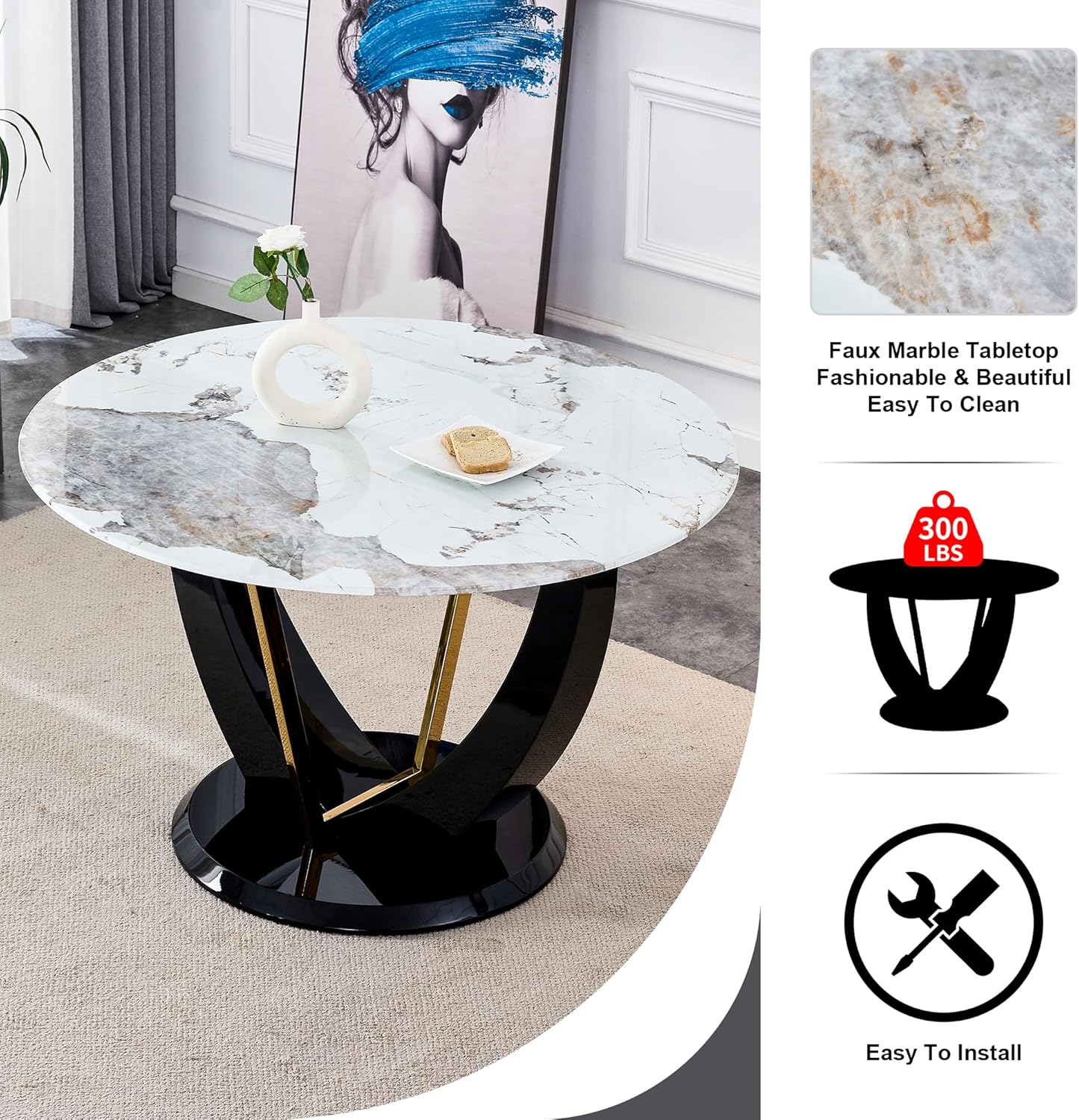 LFVFFA 48インチ ラウンドダイニングテーブルセット 4人用 本物の  