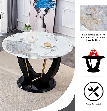 JUFU 48 Inch Round Dining Table for 4 to 6, Faux Marble Look, Modern Circle Kitchen Furniture with Stable Pedestal Base for Apartment, Dining Room, Living Room, Restaurant