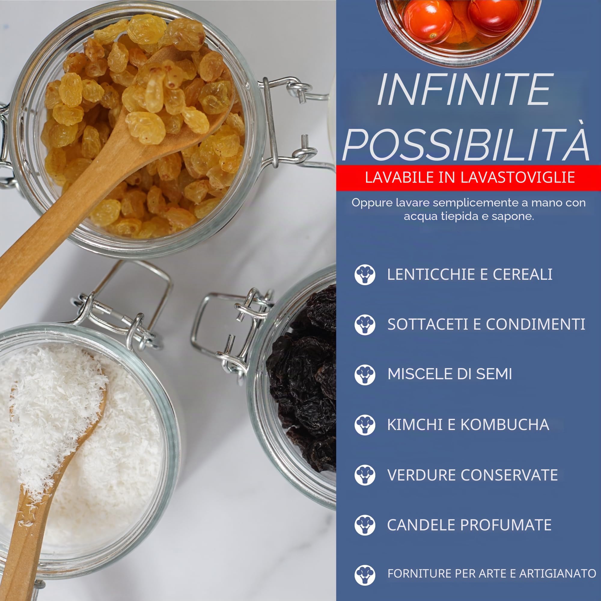 HEFTMAN Barattoli in vetro con chiusura a clip - Set di 6 barattoli in vetro da 250 ml ermetici con coperchi e guarnizione in silicone per pasta, lievito madre, chutney, sottaceti, organizzazione