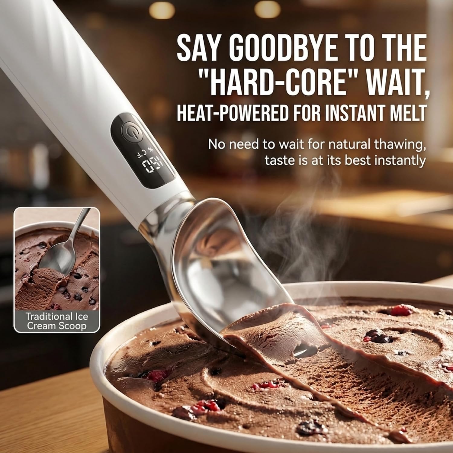 Heated Electric Ice Cream Scoop, Rechargeable USB-C Scooper with 3 Temp Settings & LED Display, 160°F Heating, IPX6 Waterproof for Hard Ice Cream,Gelato,Frozen Yogurt (White)