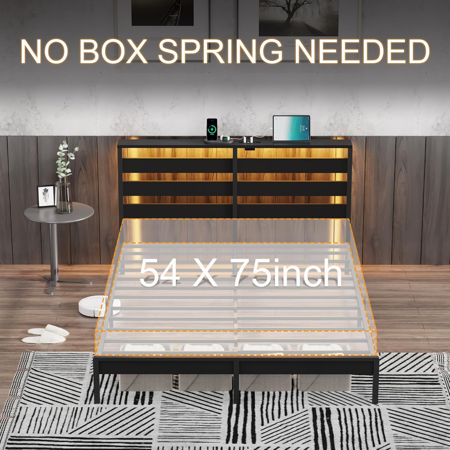Metal Platform Bed Frame with LED Headboard and Storage Shelf USB Charging Design, No Box Spring Needed, Heavy-Duty Steel Slat Support(Black, Full)
