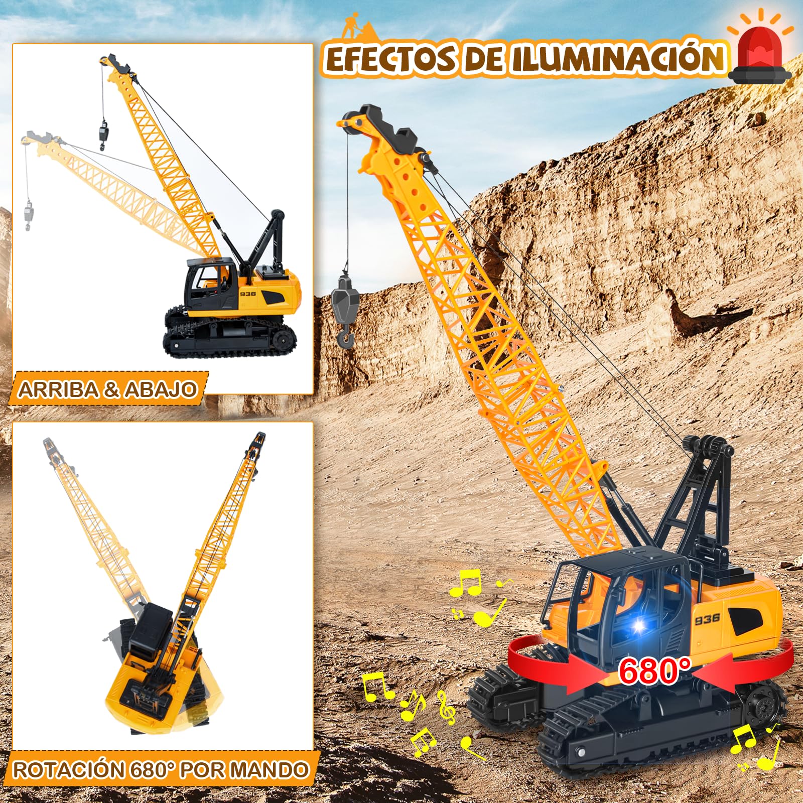 Charmofun Gruas de Juguete, Grua Teledirigida de 12 Canales, 2,4G Gruas de Juguete con Luces y Sonidos, Navidad Día del Niño Regalos de Cumpleaños para Niños