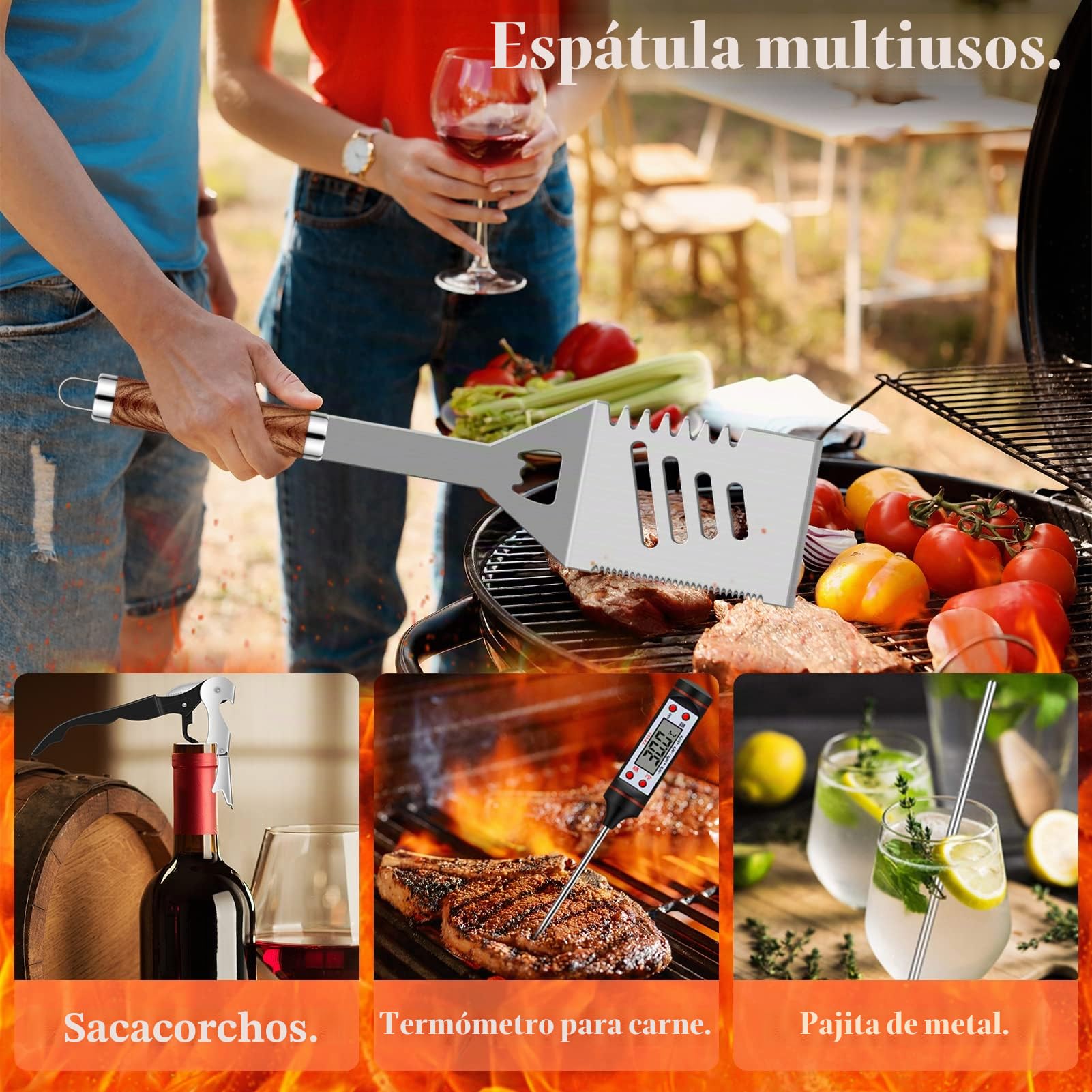 Grilliance Juego de Utensilios para Barbacoa de 38 Piezas, Accesorios de Parrilla de Acero Inoxidable para Hombres, Kit de Herramientas Profesionales para Barbacoa con Bolsa de Transporte, marrón