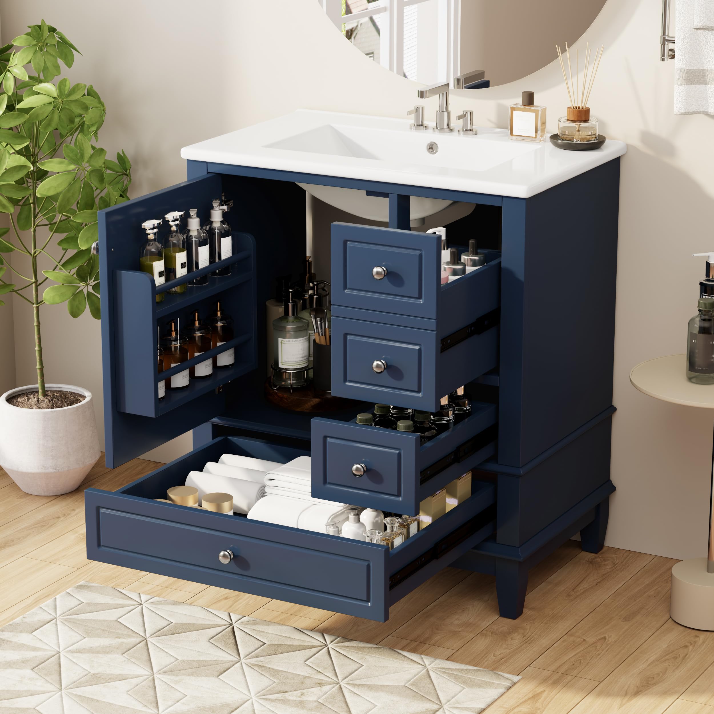 Favfurish 30" Modern Bathroom Vanity with Ceramic Sink Combo, Undermount Single Basin Bath Vanity Set w/1 Soft-Close Door and 3 Drawers, Solid Wood Frame Freestanding Storage Cabinet, Blue