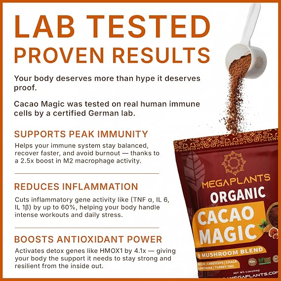 Megaplants Cacao Magic | Mushroom Hot Chocolate & Coffee Alternative Powder | Organic Ceremonial Cacao & 5 Mushroom Blend Lions Mane, Reishi, Chaga, Cordyceps & Turkey Tail | Focus, Energy & Mood