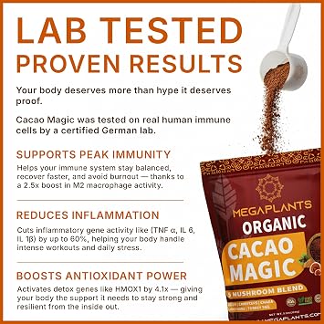 Megaplants Cacao Magic | Mushroom Hot Chocolate & Coffee Alternative Powder | Organic Ceremonial Cacao & 5 Mushroom Blend Lions Mane, Reishi, Chaga, Cordyceps & Turkey Tail | Focus, Energy & Mood