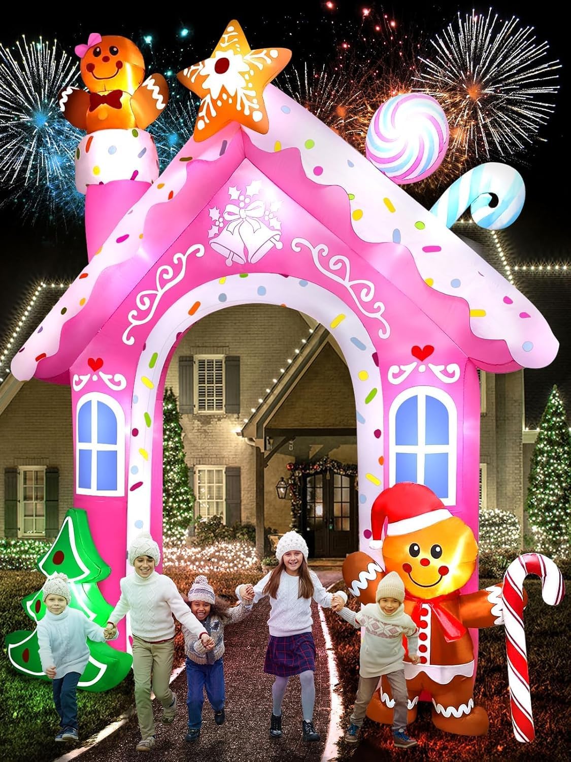 Kalolary Décoration Gonflable de Noël, D'épice Géante avec Lumières LED Intégrées pour Fête, Intérieur, Extérieur, Pelouse, Jardin (Arche en Pain d'épices)