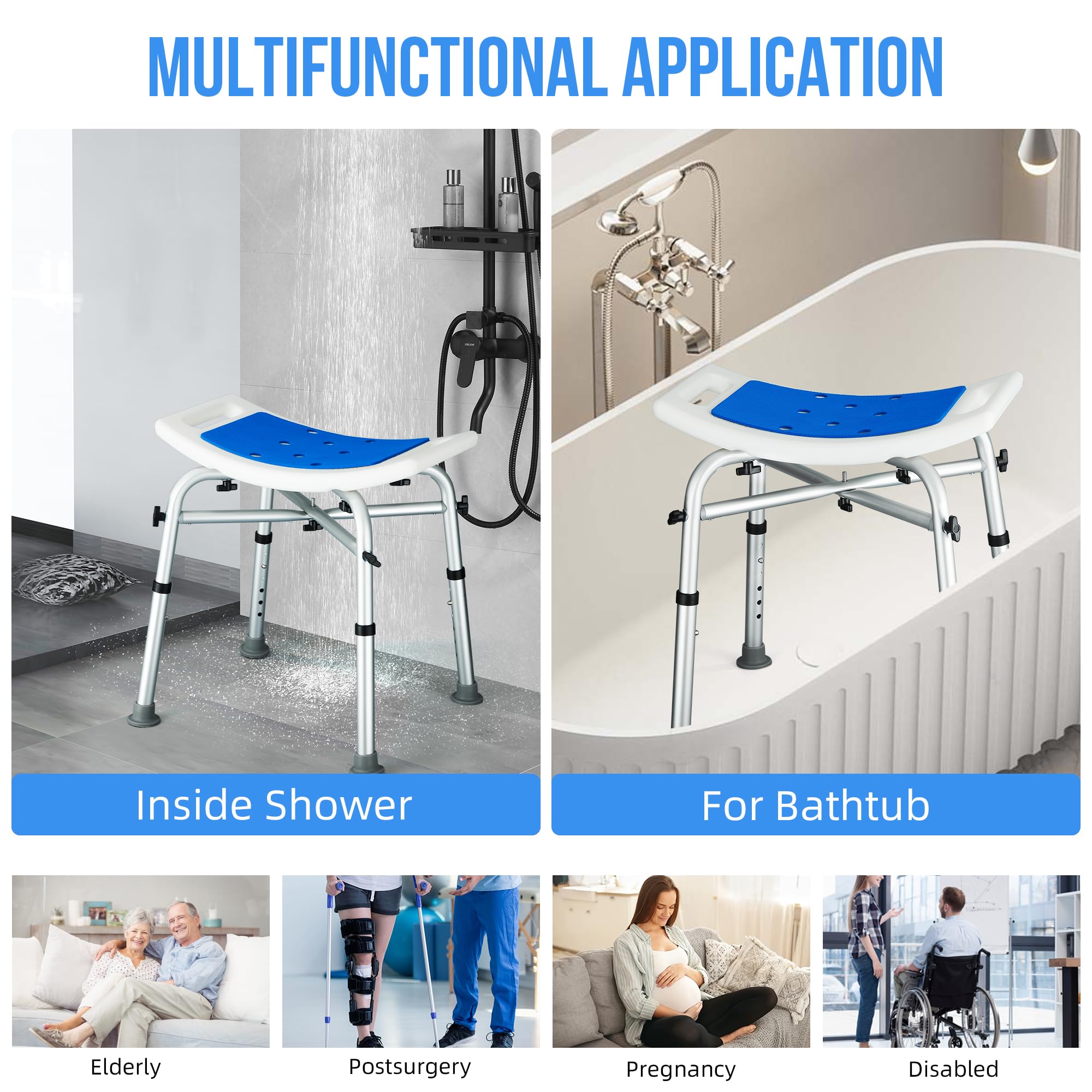 Sgabello Bagno, Sgabello per Doccia da Bagno Altezza Regolabile a 6 Livelli, Sedile da Doccia per Anziani Disabili, Sedia da Bagno Antiscivolo, portata fino a 180 kg