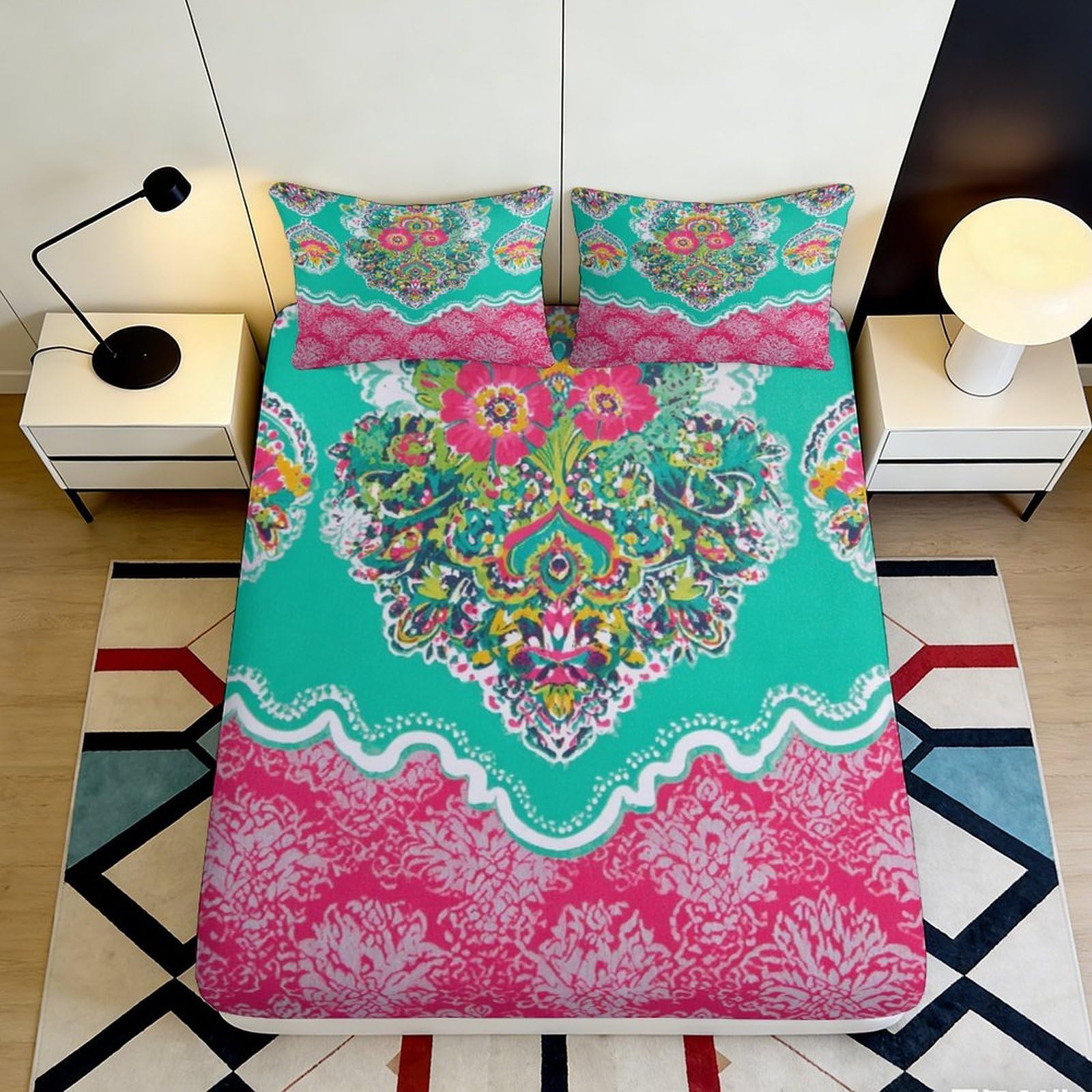 3D Printed Mandala Floral Fitted Sheet Microfiber Soft Pink Green Paisley Mattress Cover for Bedroom Decor 90x200x25cm