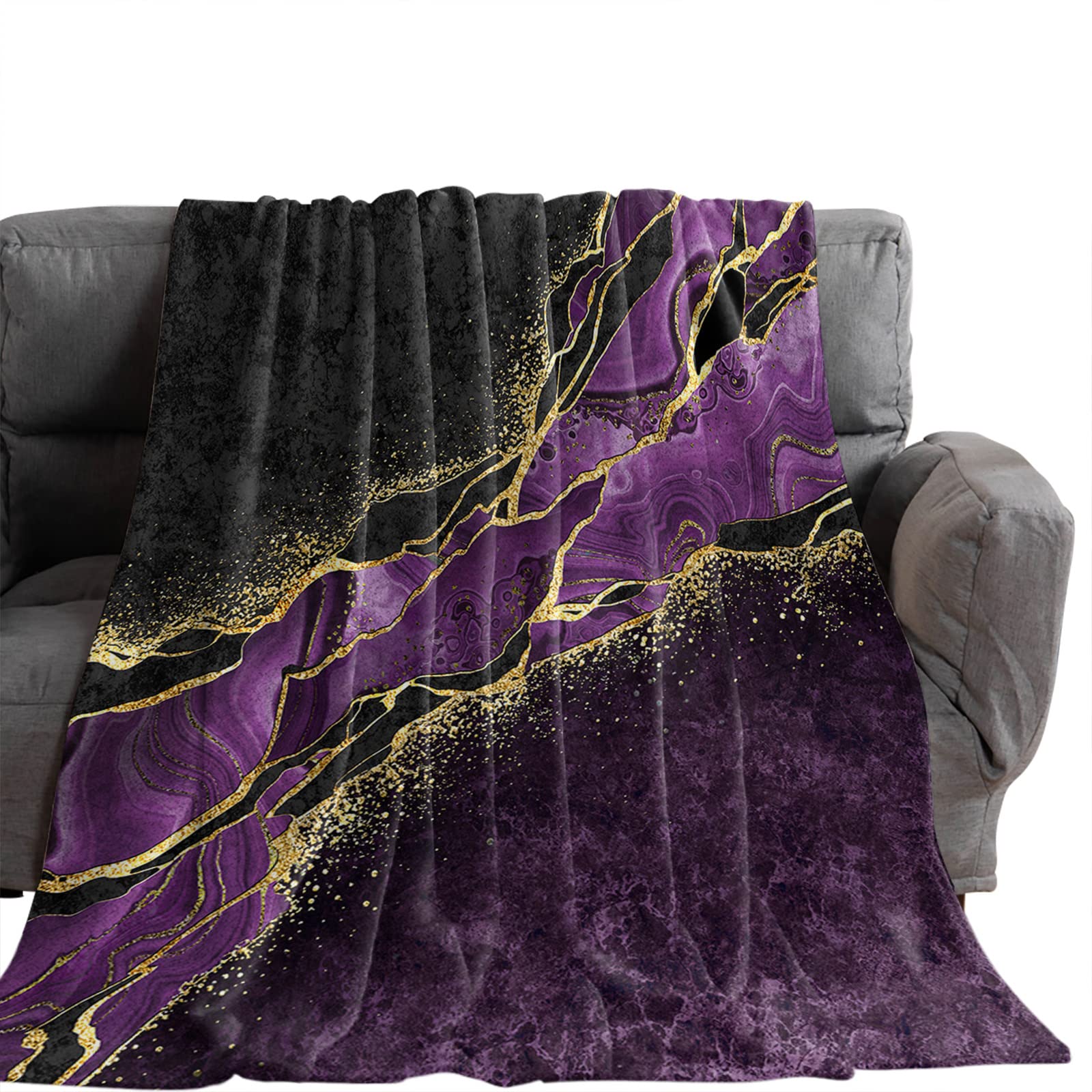 Blanket Purple Black Texture With Gold Line Modern Wild Marble Stone Flannel Blanket Stylish Soft Blanket Colorful Flannel Throws For Bedroom Living Room Settee 125x150cm