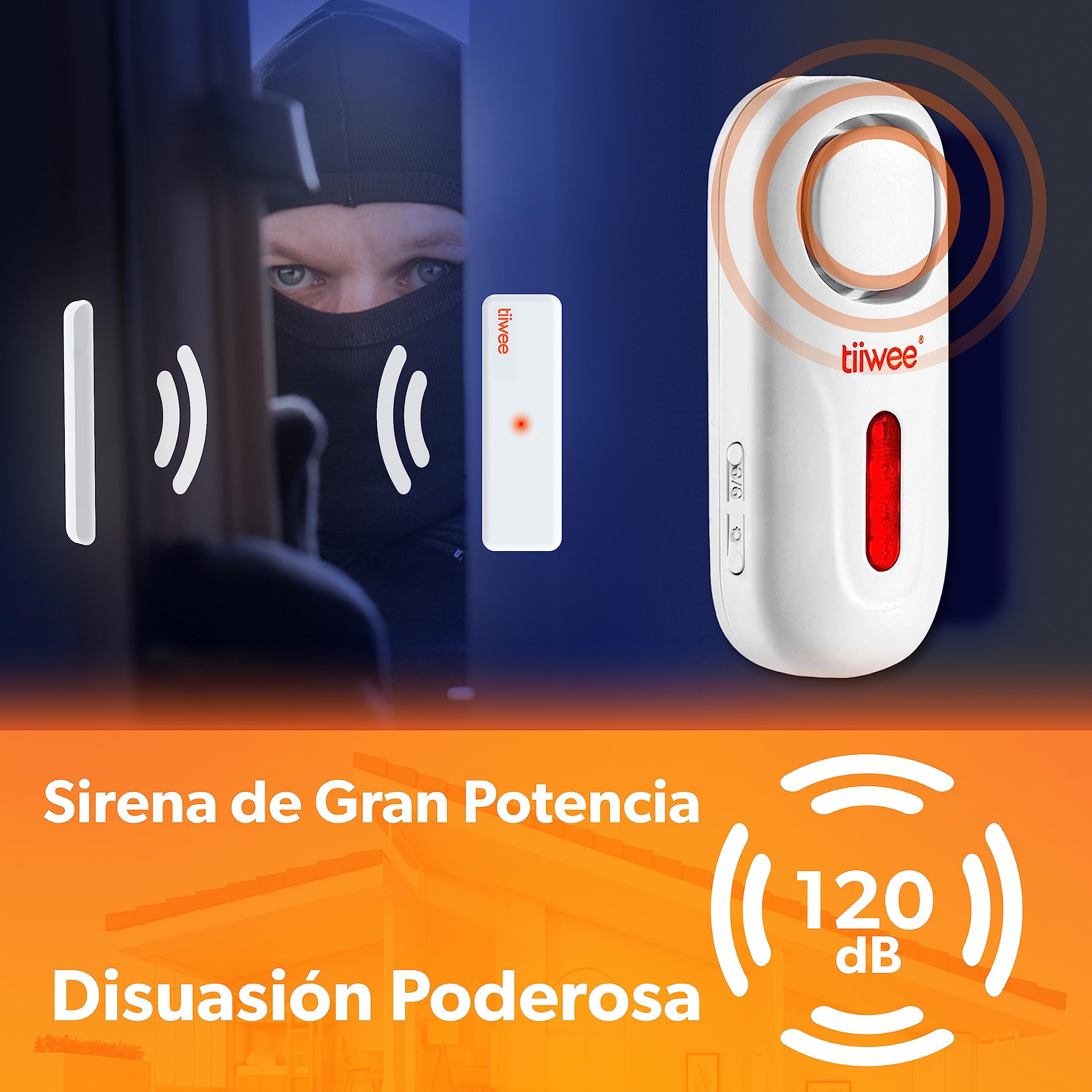 tiiwee A1 Sistema de Alarma para Casa – Sirena 120 dB, 2 Sensores para Puertas/Ventanas, Control Remoto – Inalámbrico, Fácil de Instalar, Funciona con Pilas, Ampliable para Hogar o Garaje