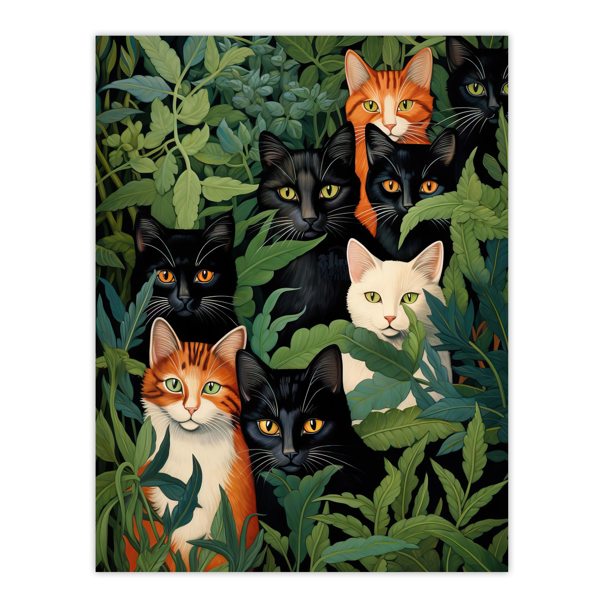 Artery8 Five Black Cats by Julia Davidson Wall Art Print : Quirky Cat Group in Green Botanicals for Living Room or Bedroom Playful Decor Gift for Feline Enthusiasts