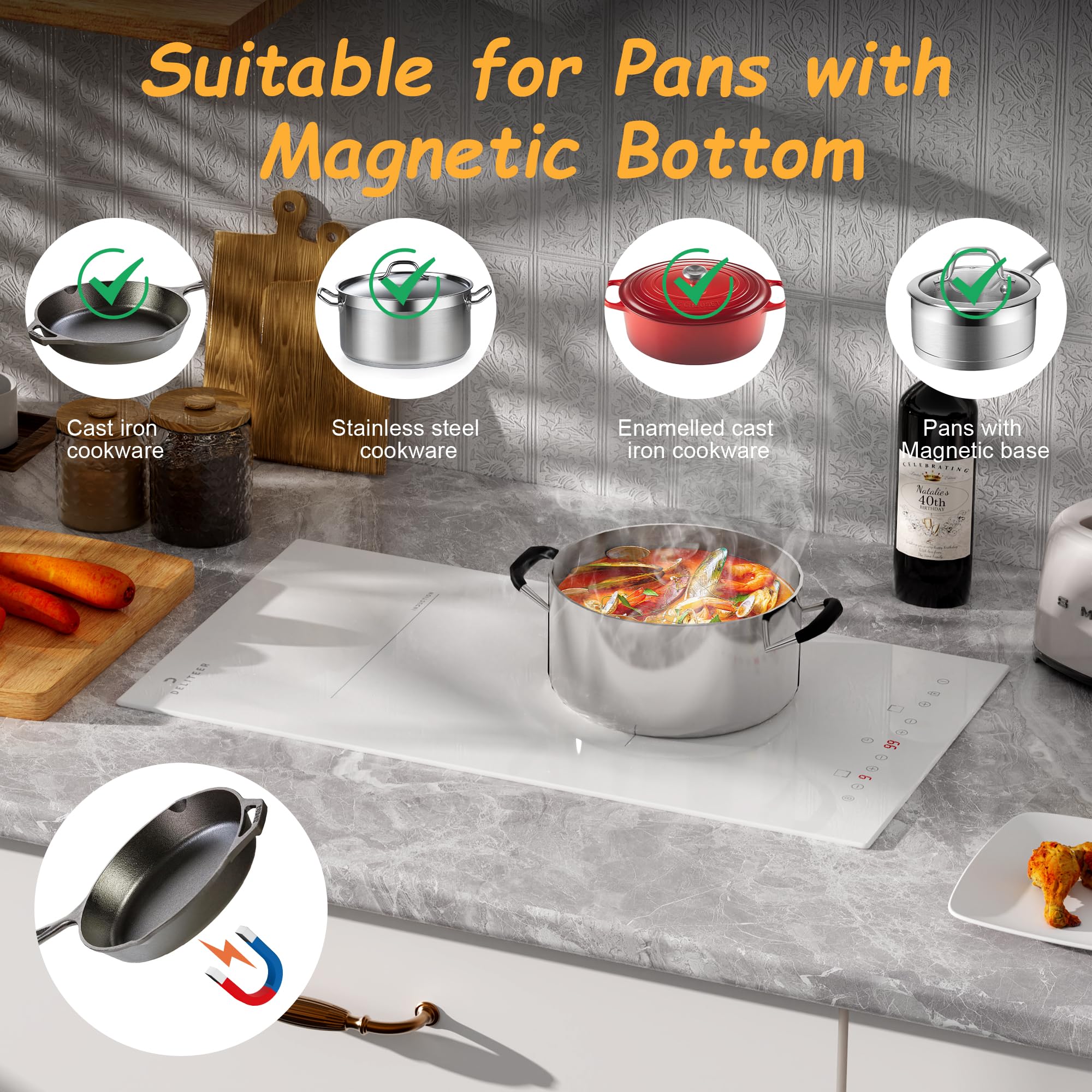 Plug-in Induction Hob White, Double Electric Induction Hob Built-in 30CM, Electric Cooktop 2 Ring, 2800W, 9 Power Levels, Safety Lock, Timer, Individual Touch Control, 230V - 3