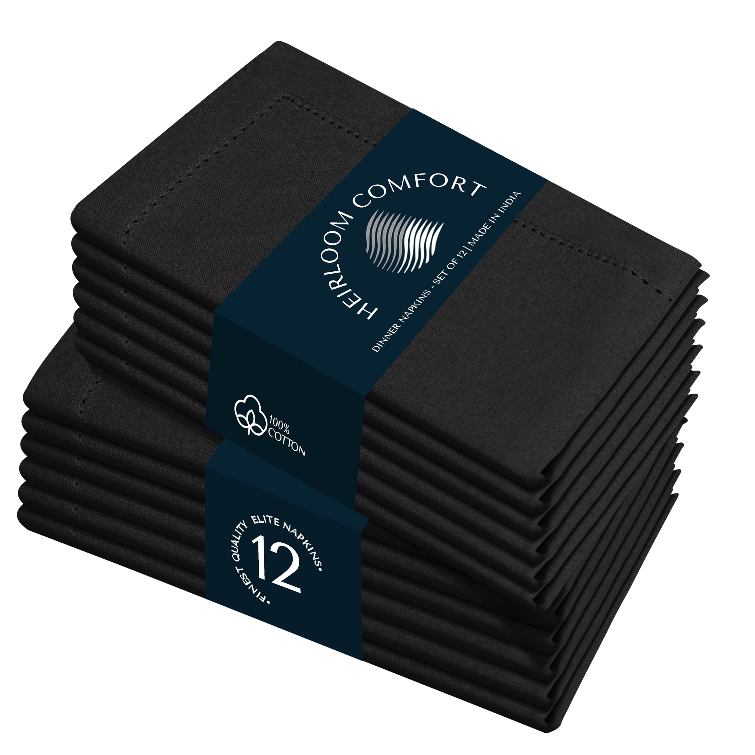 HEIRLOOM COMFORT Black Cloth Napkins 45x45 cm, Set of 12, Absorbent, Soft, Durable, Washable, Reusable 100% Cotton