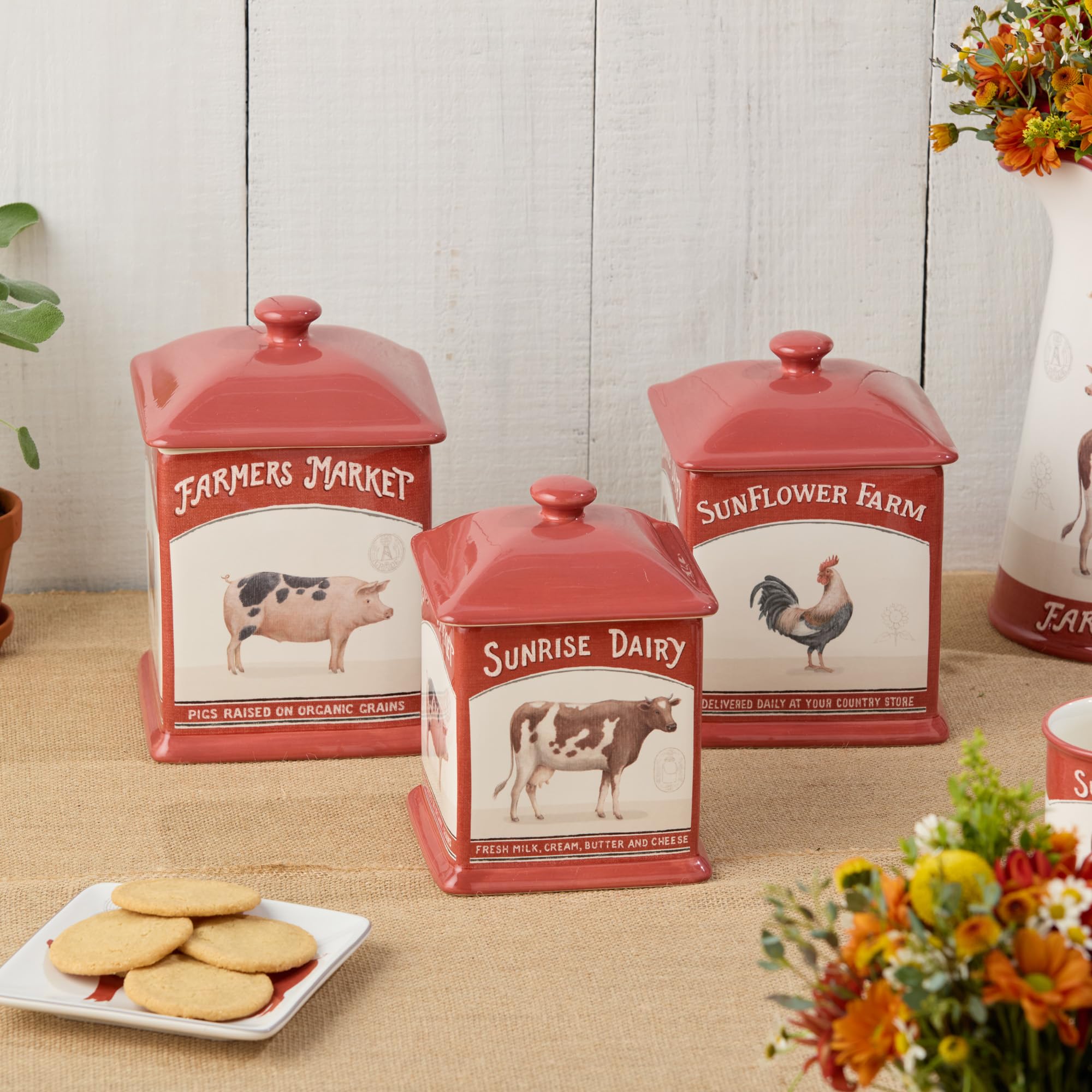 Quadratisches Behälter-Set im Vintage-Stil, 3-teilig, inklusive 1,5 l, 2,5 l und 2,5 l Größen, Bauernmarkt-Design mit Bauernhoftieren, langlebige Keramik, rustikale Bauernhaus-Küchenaufbewahrung für