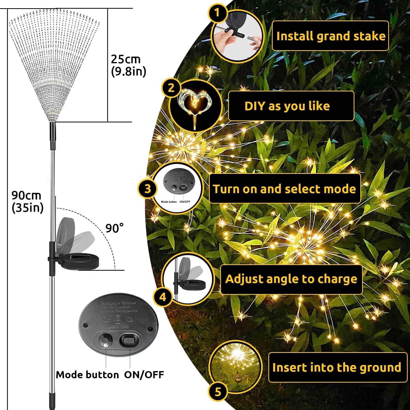 Joycome Luci Solari 2 Pezzi Lampioni da Giardino Esterno Solari, 120 LED Paletti da Giardino IP65 Impermeabile Lampada Solare Terra Luci per Prato Vialetto Scala Paesaggio (Bianco Caldo)