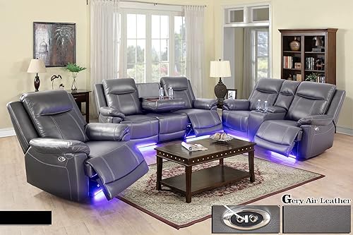 Miniatura 2 de Juego de sofá reclinable de 3 piezas, muebles de sala de estar, tapicería de cuero de aire, puertos de carga USB 2.0, tiras de luz LED, mesa
