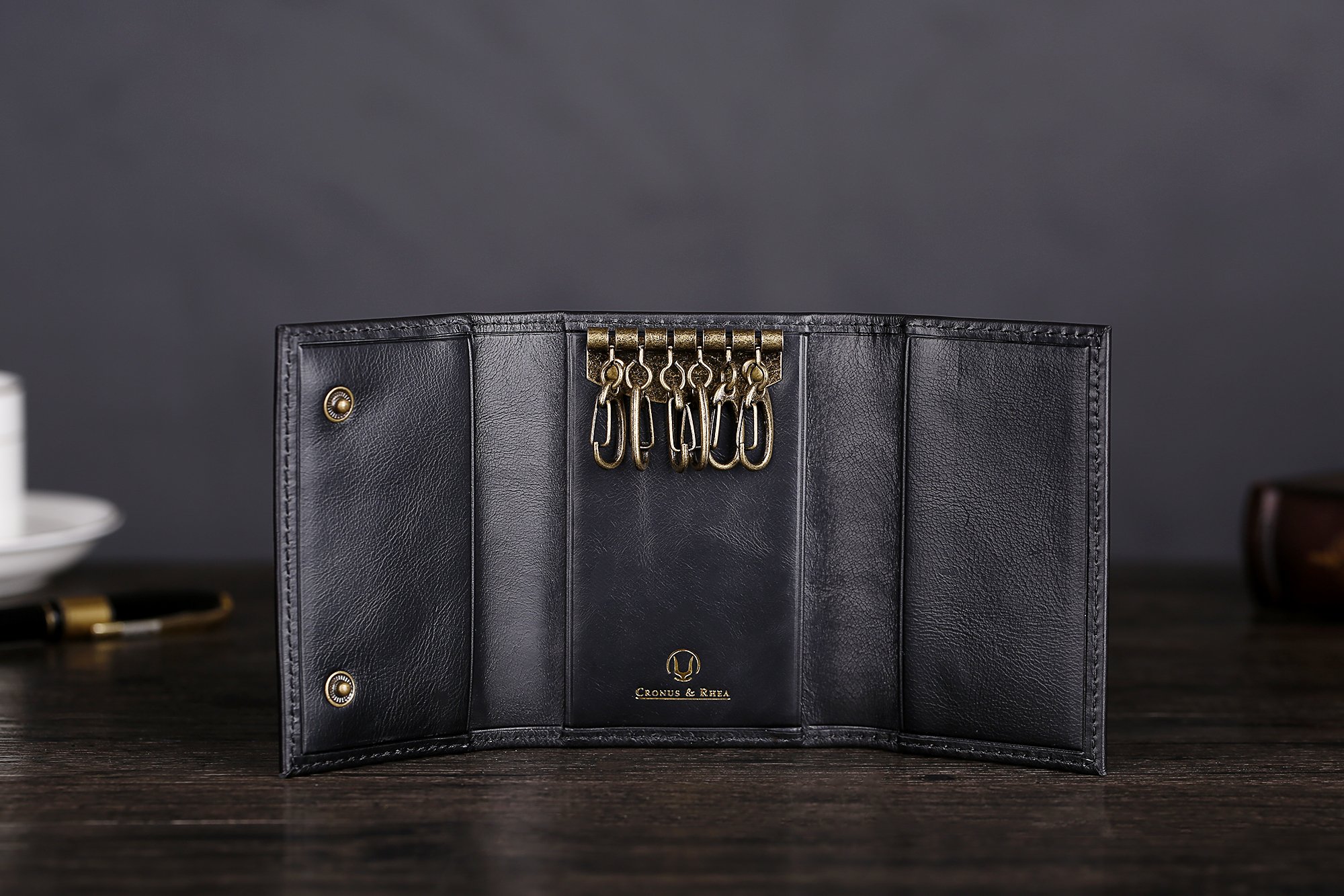 Cronus & Rhea® | Porte-clés de luxe en cuir exclusif (Janus) | Key Case - Porte-clés | Cuir véritable | Avec boîte-cadeau élégante | Hommes - Femmes (Noir)