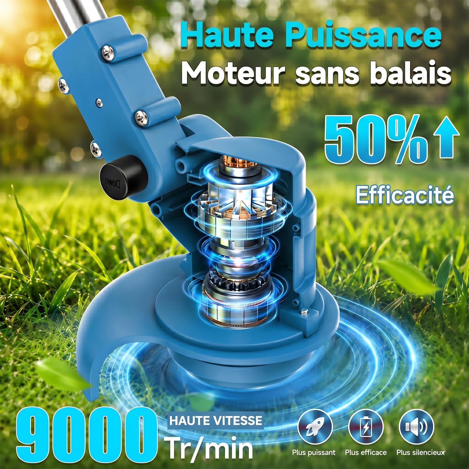 Debroussailleuse Electrique sans Fil 850W Rotofil Batterie 1.8kg Pliable 60cm Manche Telescopique 2X 2000mAh 26 Lames 4 Types pour Entretien Jardin (Bleu Encre)