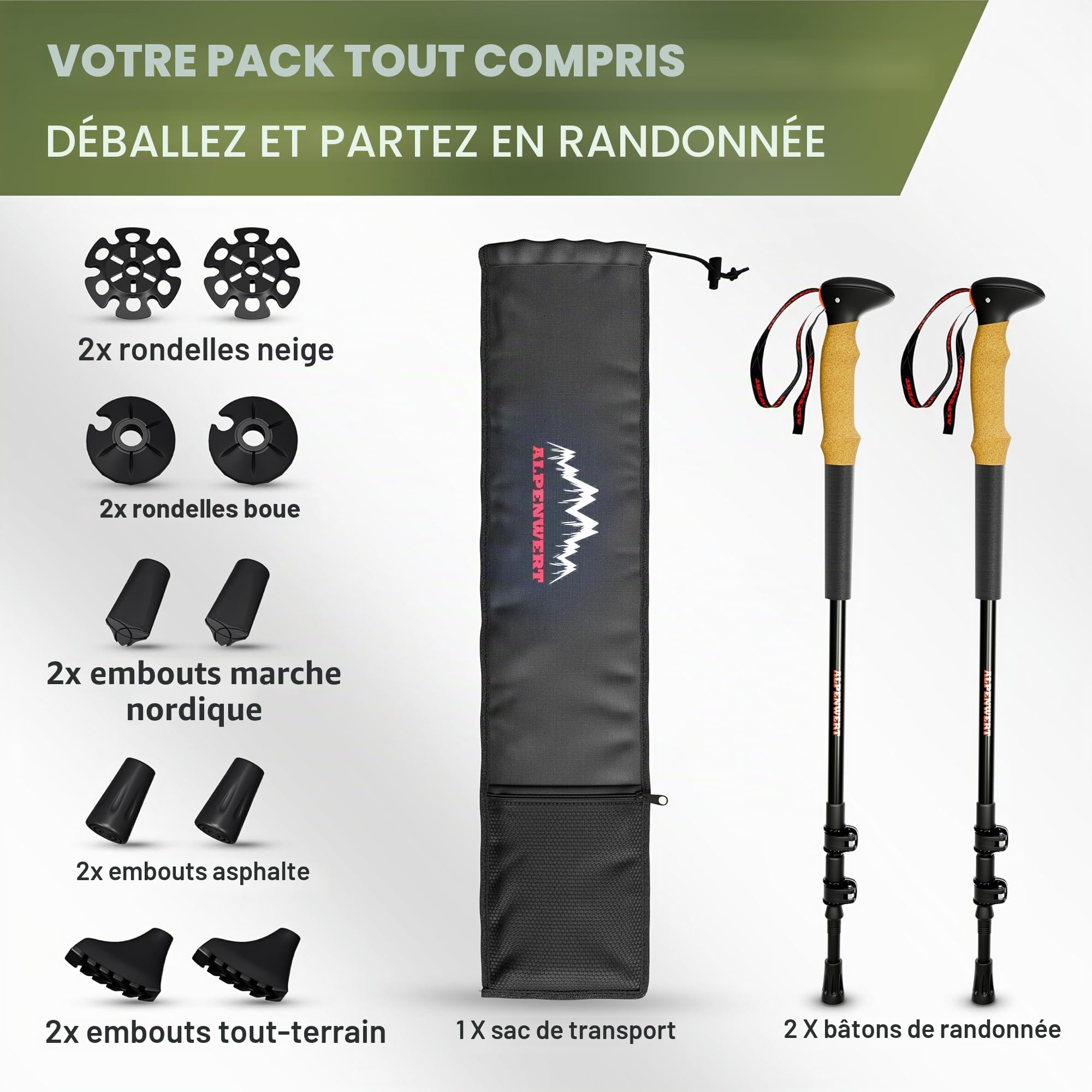 ALPENWERT Bâtons de randonnée [carbone ou aluminium] Bâtons de marche pour homme et femme – Bâtons de trekking télescopiques avec poignée en liège pour la randonnée, la marche nordique et les