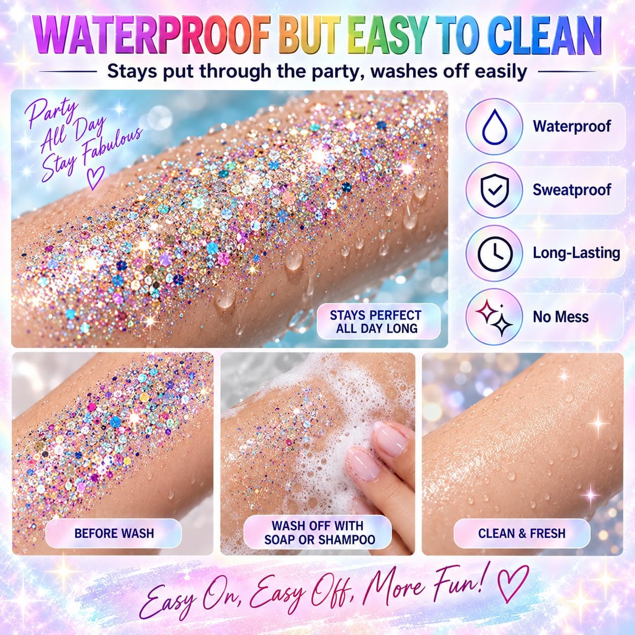 Rainbow White Body Glitter Stick for Face Hair & Body Shimmer Gel