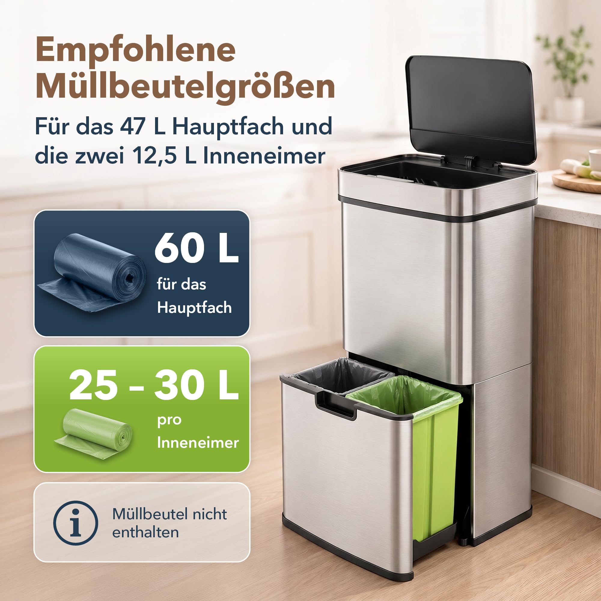 ledscom.de SORTA Sensor Mülleimer 72L, 3-Fächer Mülltrennsystem | Edelstahl, 3 Kammern: 47 L + 2×12,5 L, berührungslos, 5 Sek.-Auto-Close, herausnehmbare Inneneimer, 42 × 31,5 × 82,5 cm