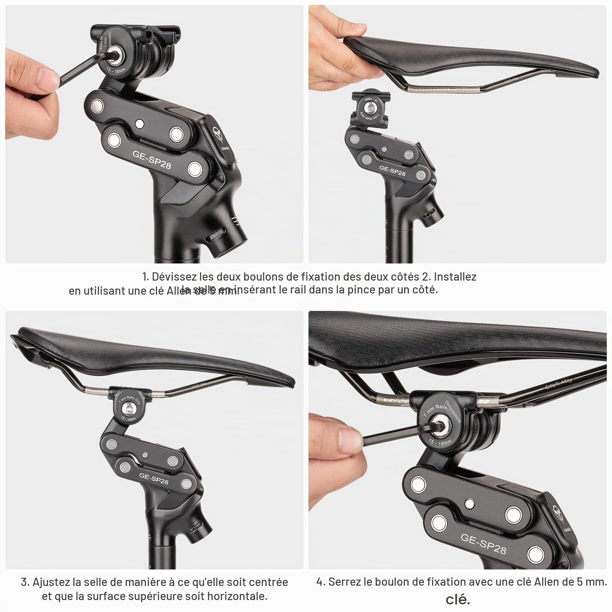 GEWAGE Tige de Selle à parallélogramme 4 Bras – Tige de Selle Suspendue Premium, débattement 37 mm, Design Ergonomique, Aluminium, sans Entretien, idéale pour VTT / E-Bike / Ville