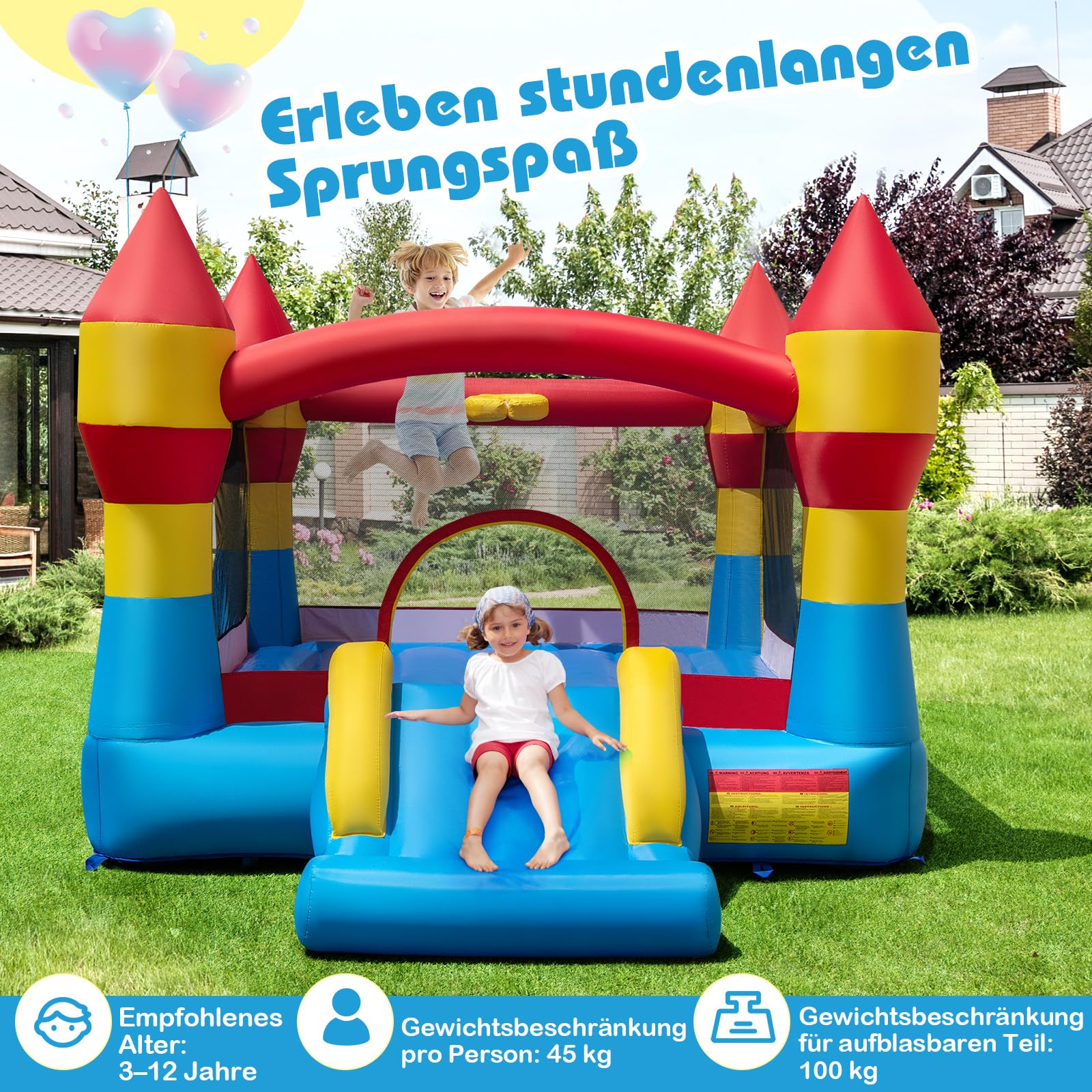 COSTWAY Hüpfburg mit 550W Gebläse, Rutsche und großem Sprungbereich, Kinder Springburg für Indoor & Outdoor, inkl. Tragetasche, Reparaturset, 380 x 280 x 221 cm