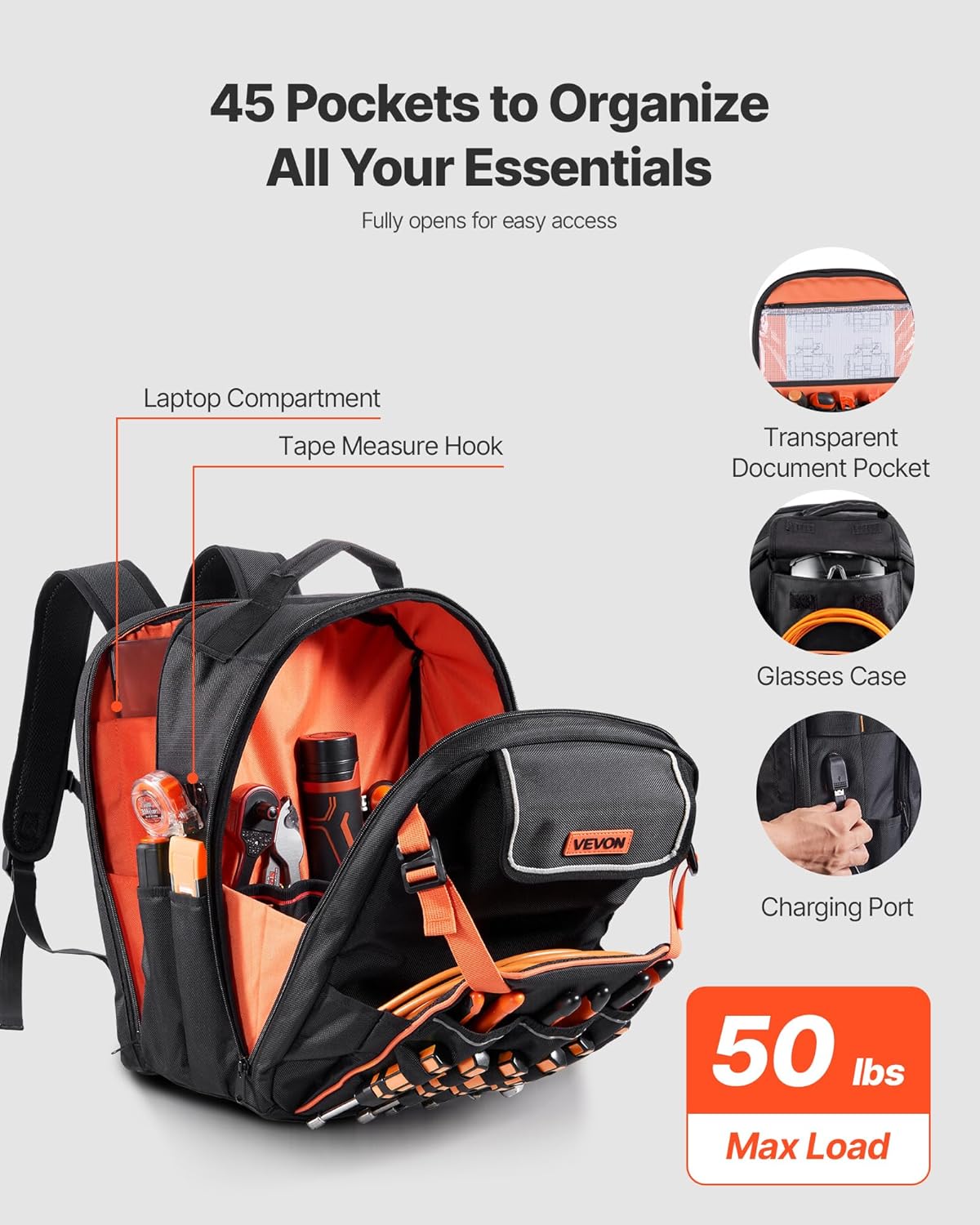 VEVOR Tool Backpack, 45 Pockets, Heavy-duty Tools Storage Organizer Work Bags Backpack with Laptop Compartment & Reinforced Fabric Basee, Electrician Jobsite Backpack for Electrician, Repairman