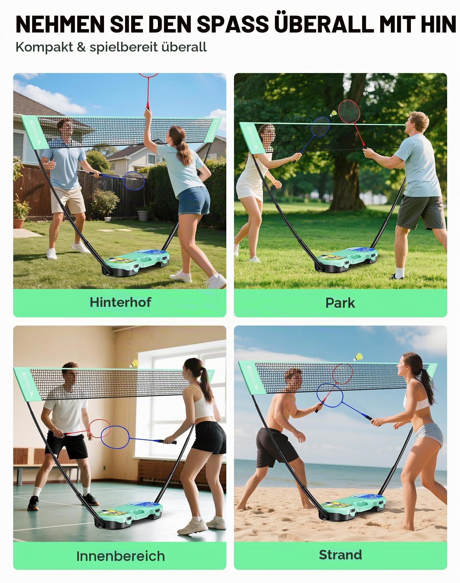 BAGAIL Tragbares Badminton-Netz-Set – Aufbewahrungskoffer – freistehende Basis – schnelle Einrichtung – Pop-Up-Badmintonnetz mit 4 Schlägern, 4 Federbällen für Indoor- und Outdoor-Spiele