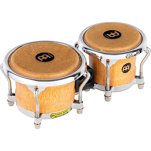 Meinl Percussion Rubberwood Stave Shells, Miniature Size — NOT Made in China — Free Ride Suspension System and True Skin Buffalo Heads, Two-Year Warranty, Mini Wood Bongos (FWB100SNT-M)