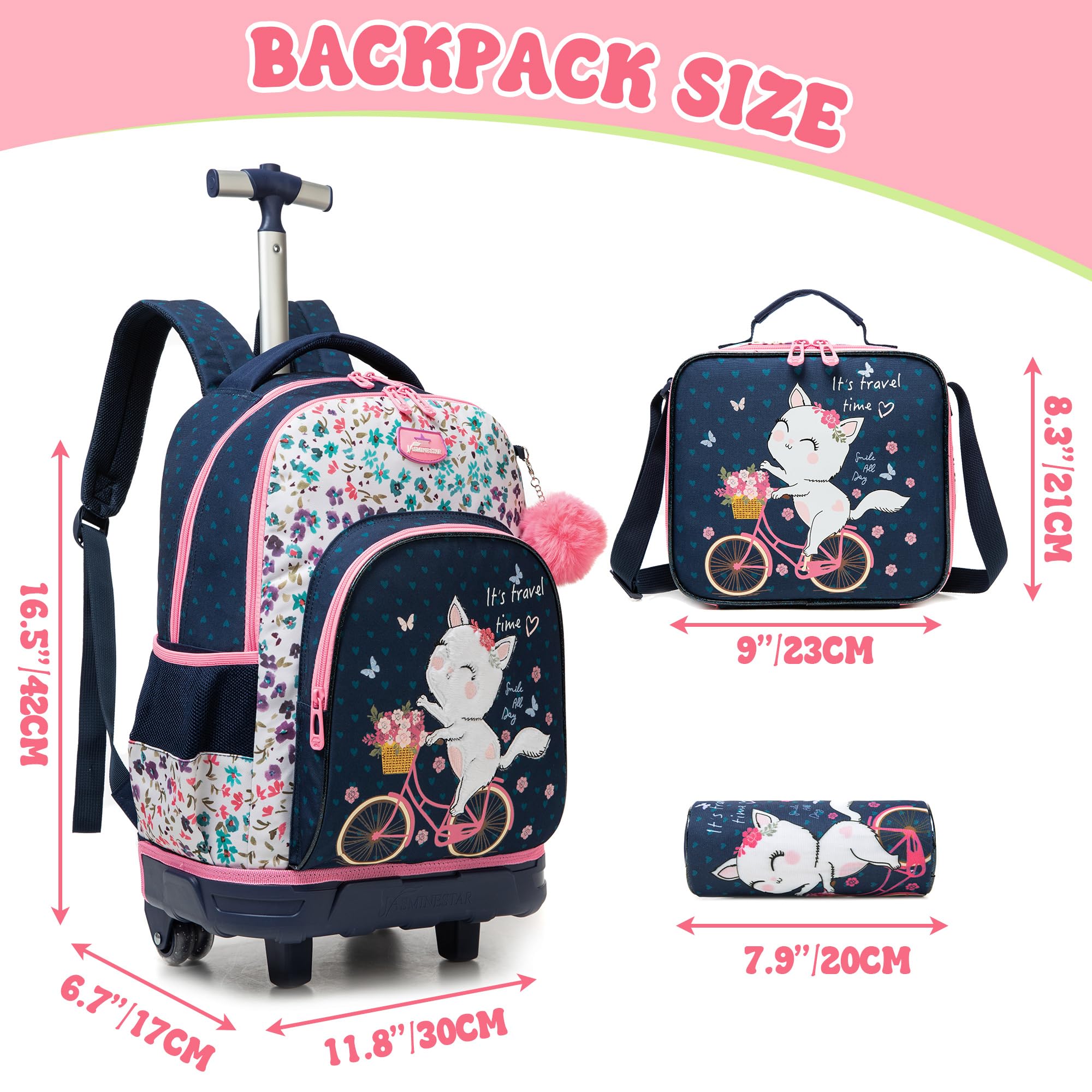 HTgroce Kinder Trolley Rucksack Schulranzen mit Rollen Mädchen schultrolleys Schulrucksack Kinderkoffer Rolling Backpack for Girls