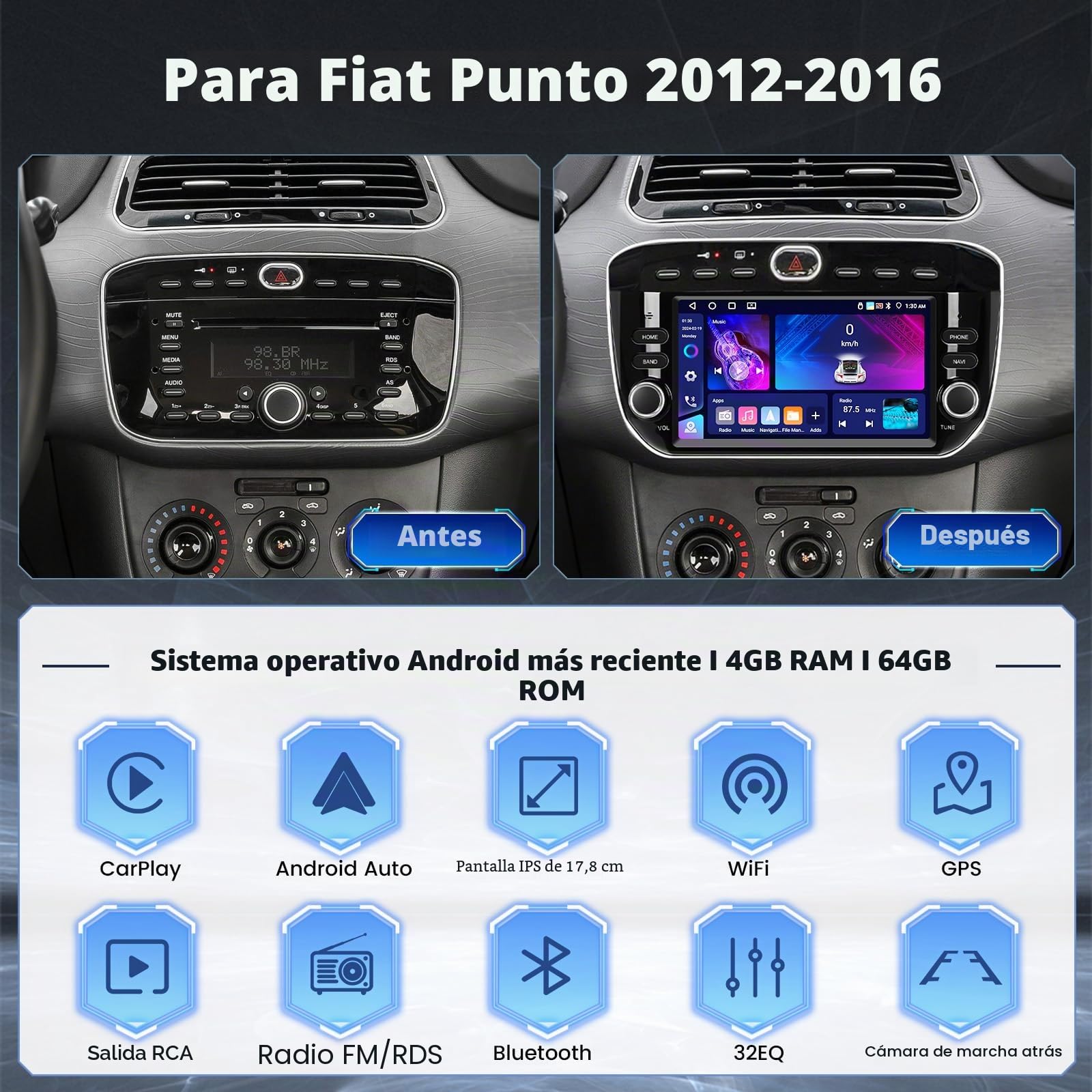 Hikity 4G+64G Android 15 Radio Coche Fiat Punto 2012-2016 7" CarPlay