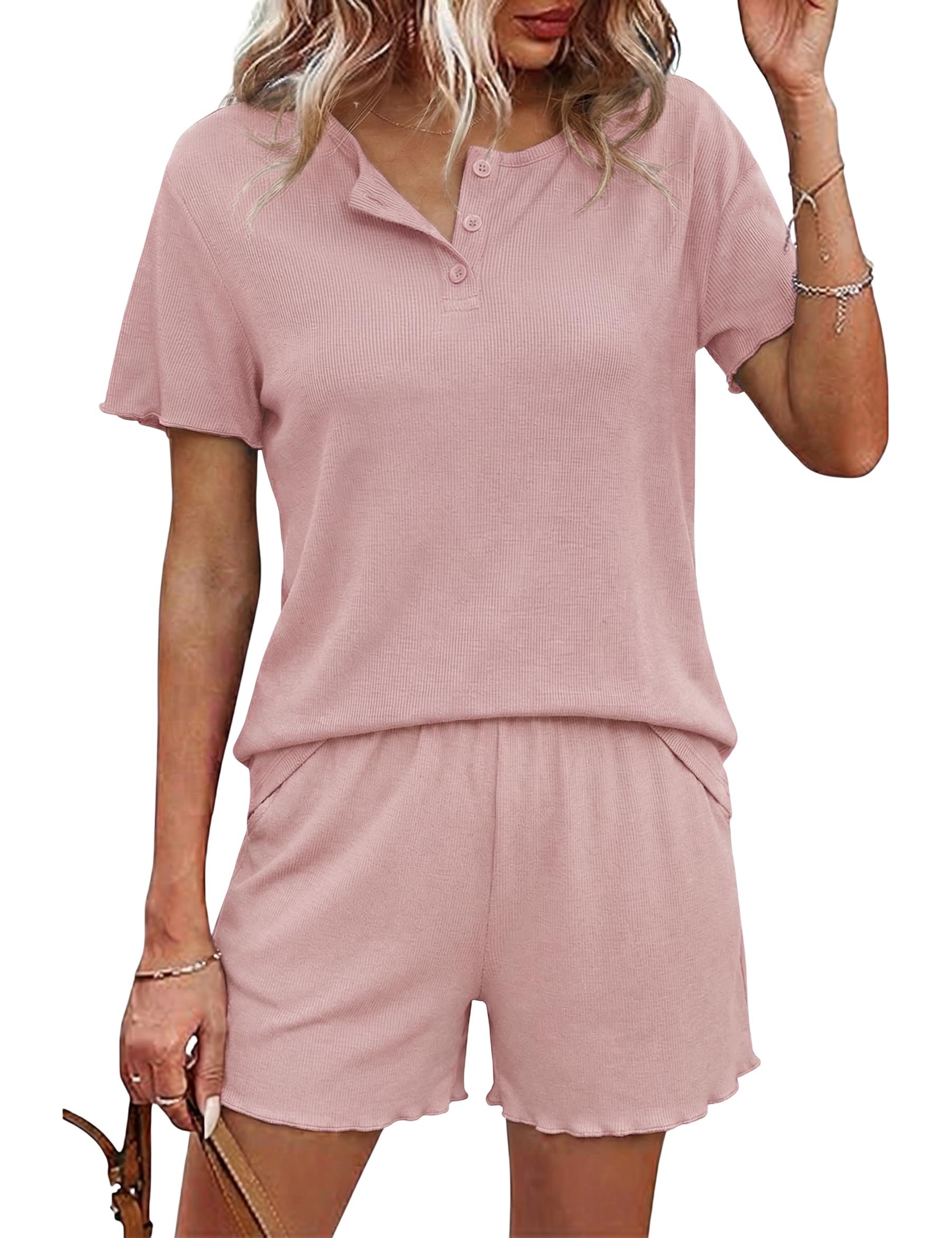 Demegimi Schlafanzug Damen Kurz Pyjama Baumwolle Sommer Shorty Nachtwäsche Kurzarm Schlafanzüge mit Knopfleiste S-XXL